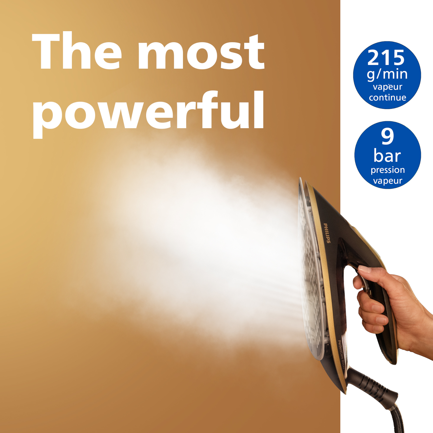 Une main tient un fer Philips PerfectCare 8000 émettant de la vapeur. Texte : 'Le plus puissant'.