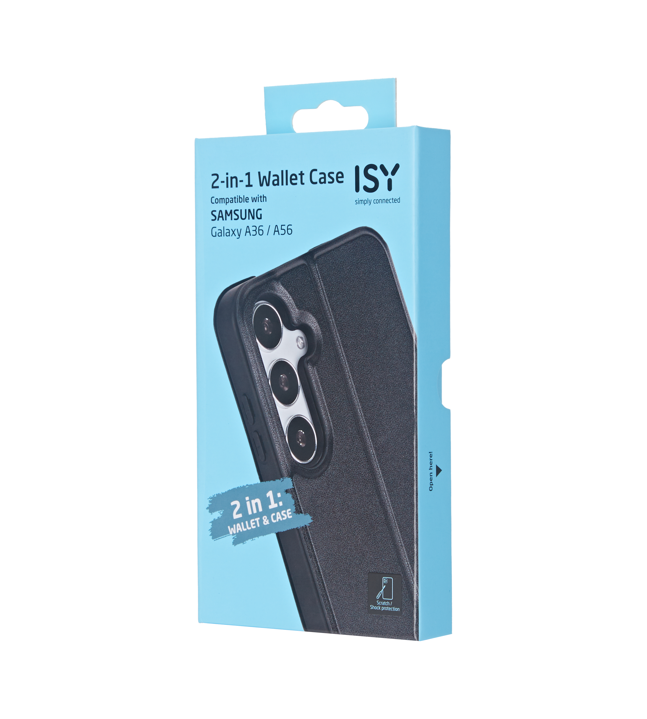 Verpackung für eine ISY 2-in-1 Brieftaschenhülle für Samsung Galaxy A36/A56.