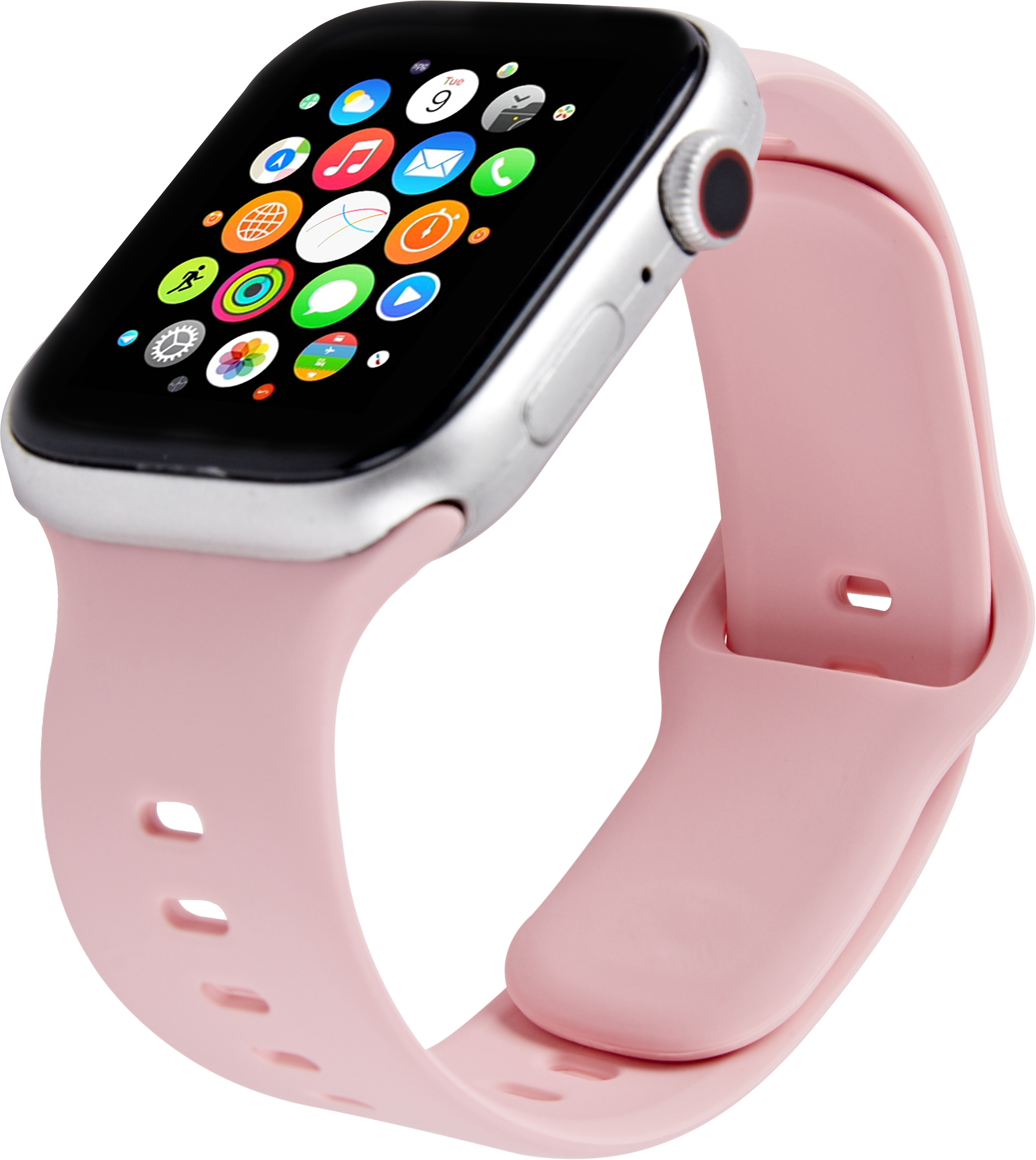 Silberne Smartwatch mit rosa Band und App-Symbolen auf dem Bildschirm.