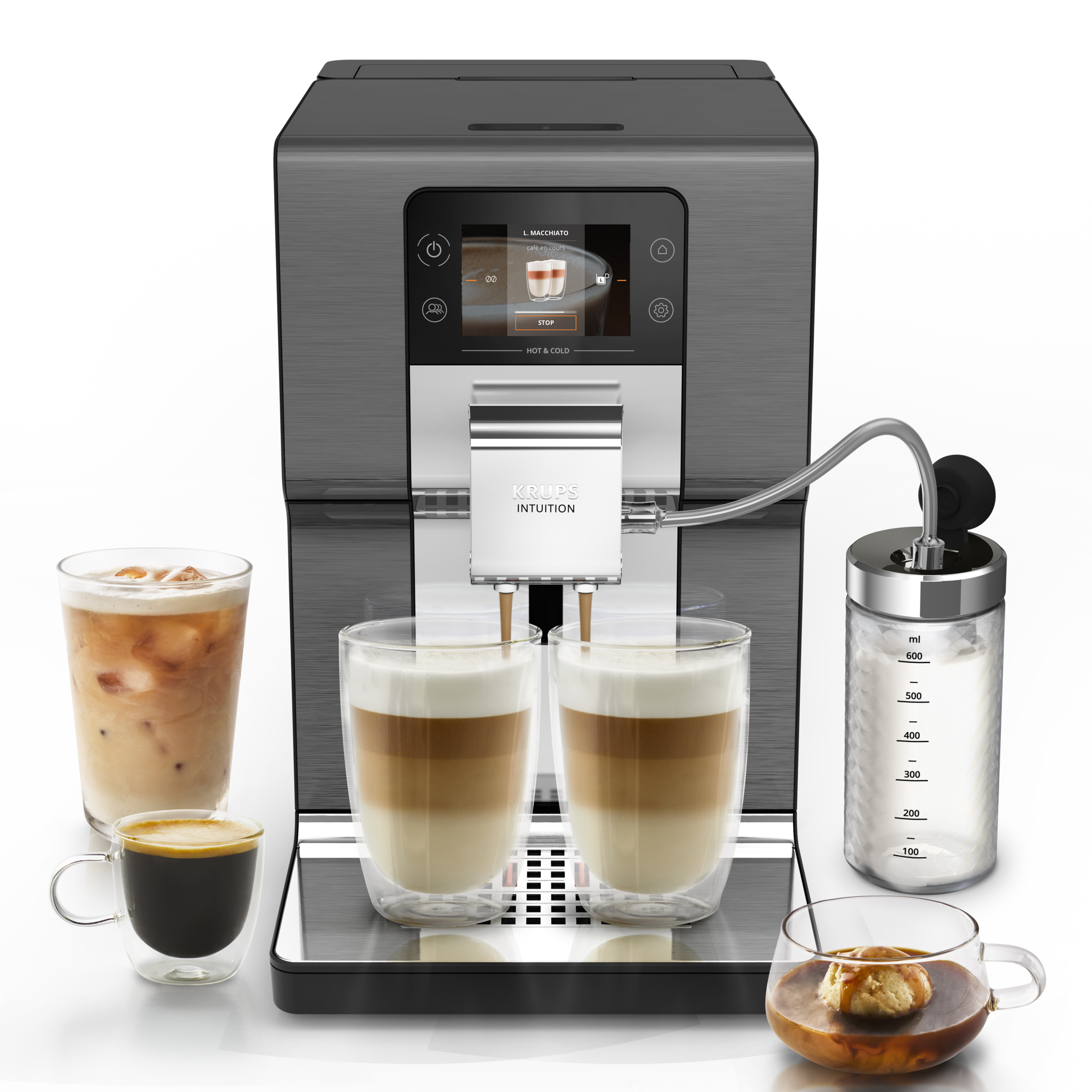 Máquina de café con varias bebidas de café y cubitos de hielo.