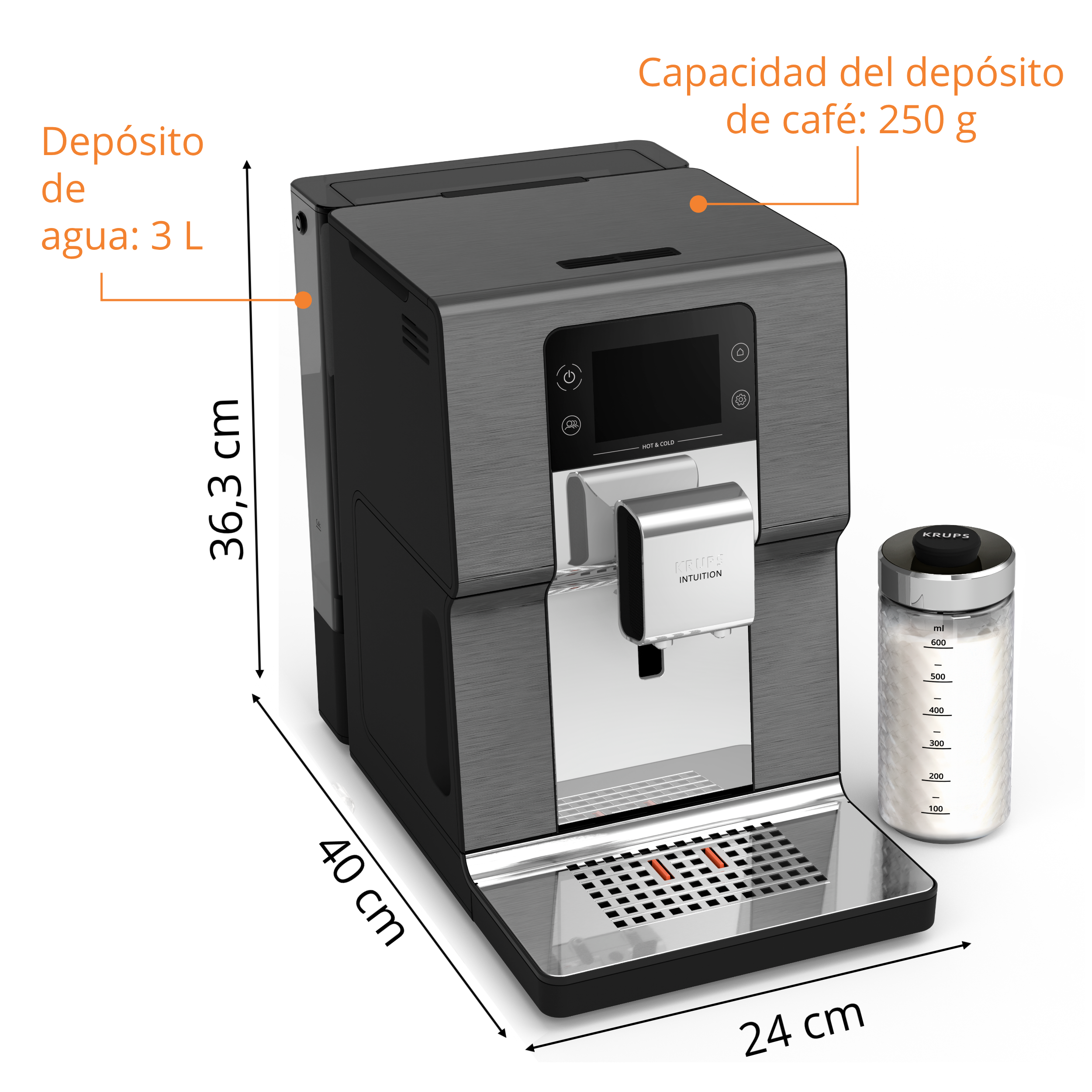 Cafetera con depósito de agua (3L) y depósito de café (250g).