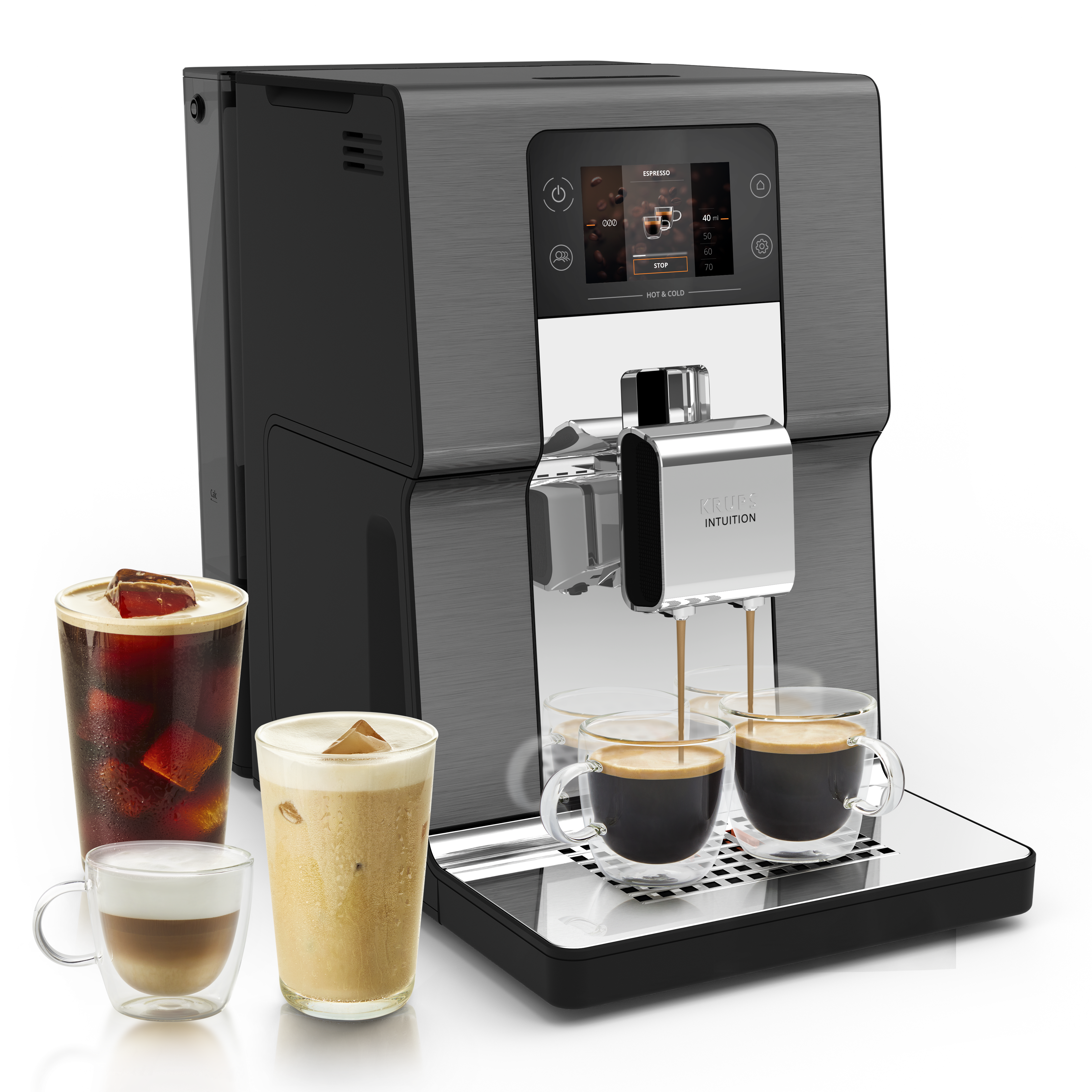 Cafetera prepara espresso en dos tazas, con bebidas frías al lado.