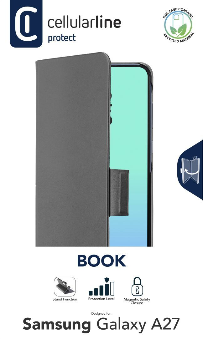 Graue Handyhülle für Samsung Galaxy A27 mit "BOOK"-Design und Icons.
