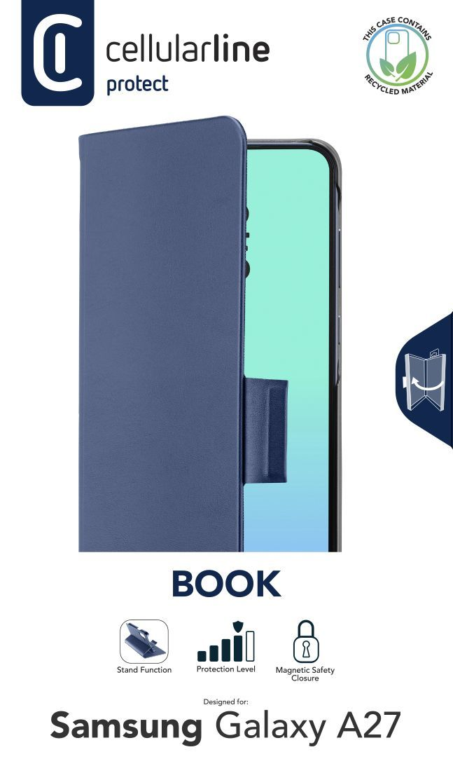 Blaue Handy-Schutzhülle für Samsung Galaxy A27, Buch-Design, mit Standfunktion.
