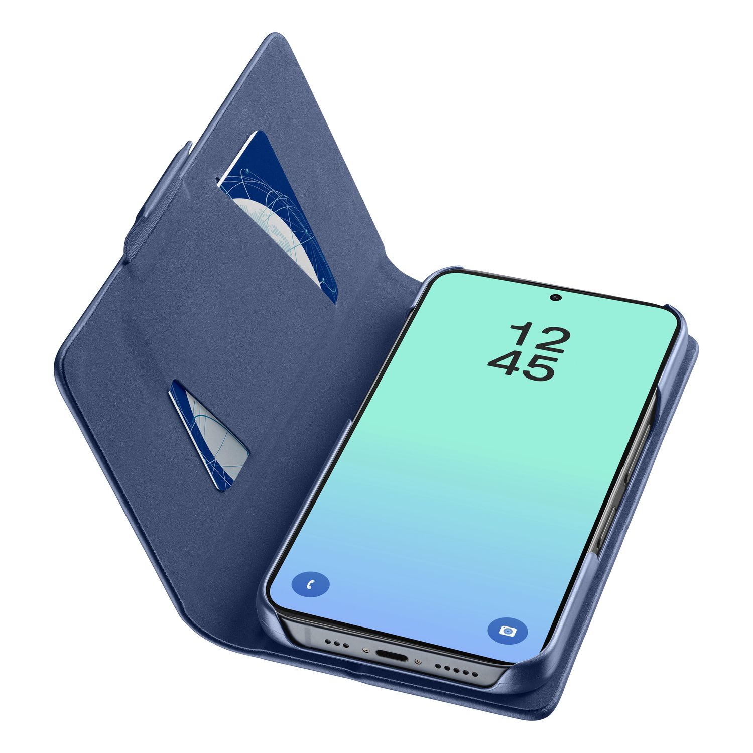 Ein blaues Handy-Flipcase mit zwei Kartenschlitzen und einem Smartphone.