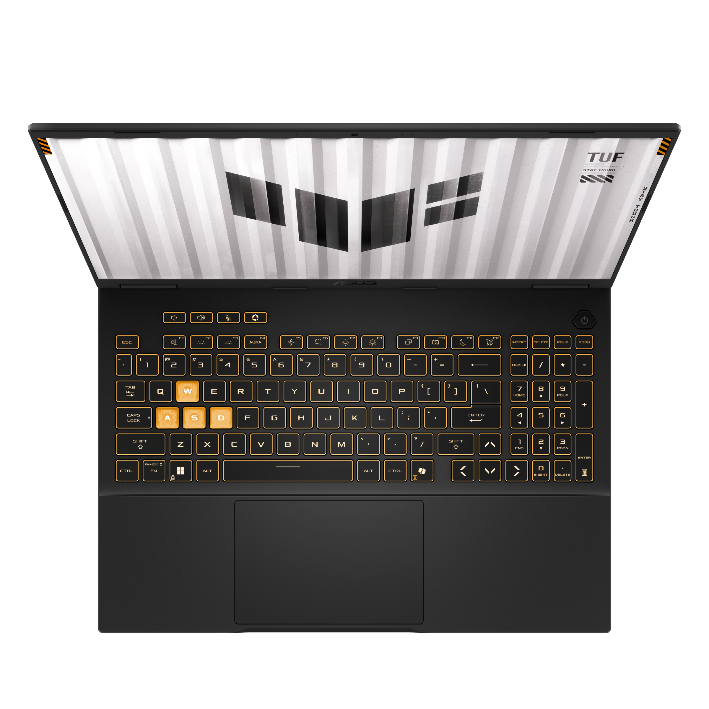 Otwarty czarny laptop z podświetlaną klawiaturą i szarym wzorem na ekranie.