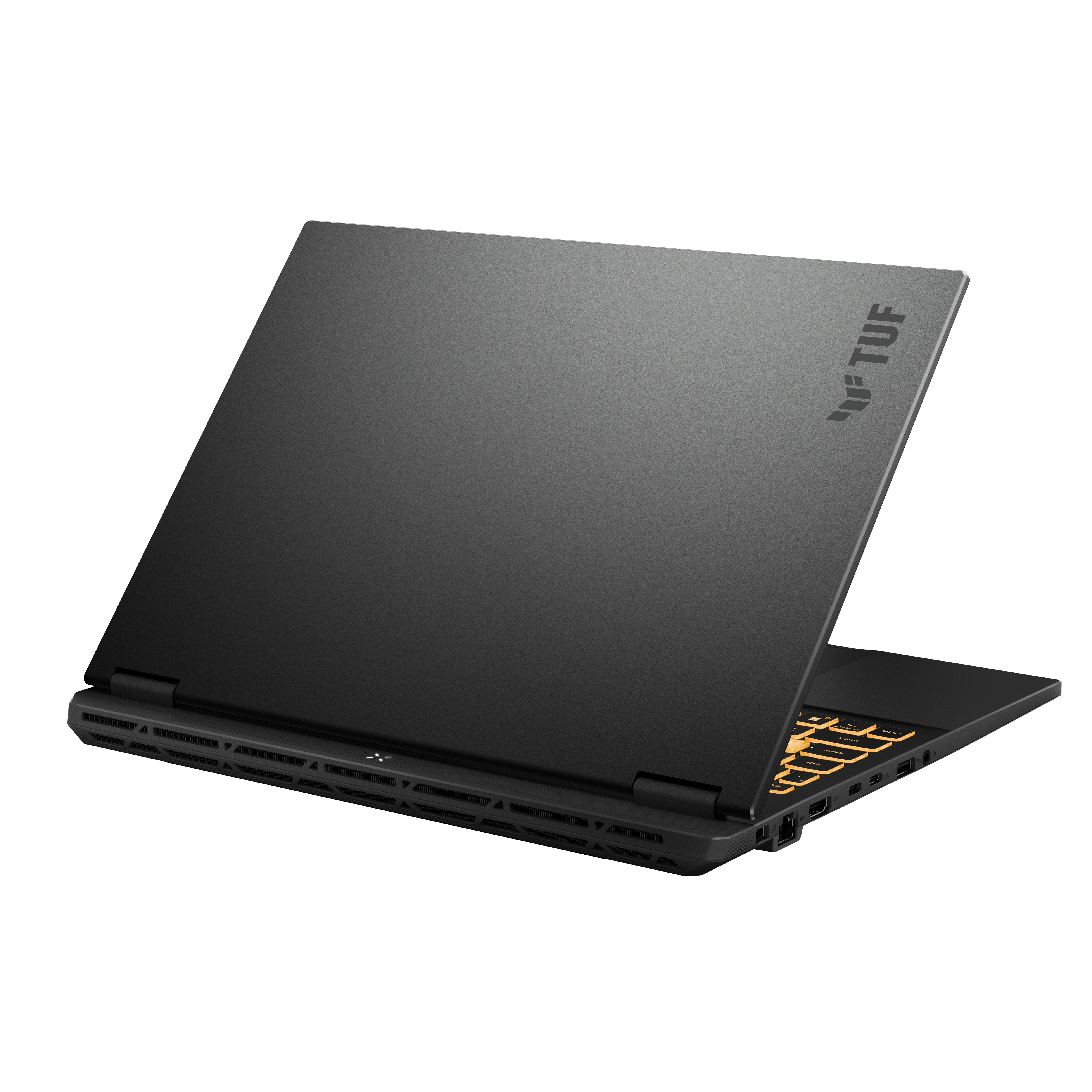 Czarny laptop z podświetlaną klawiaturą i logo TUF.