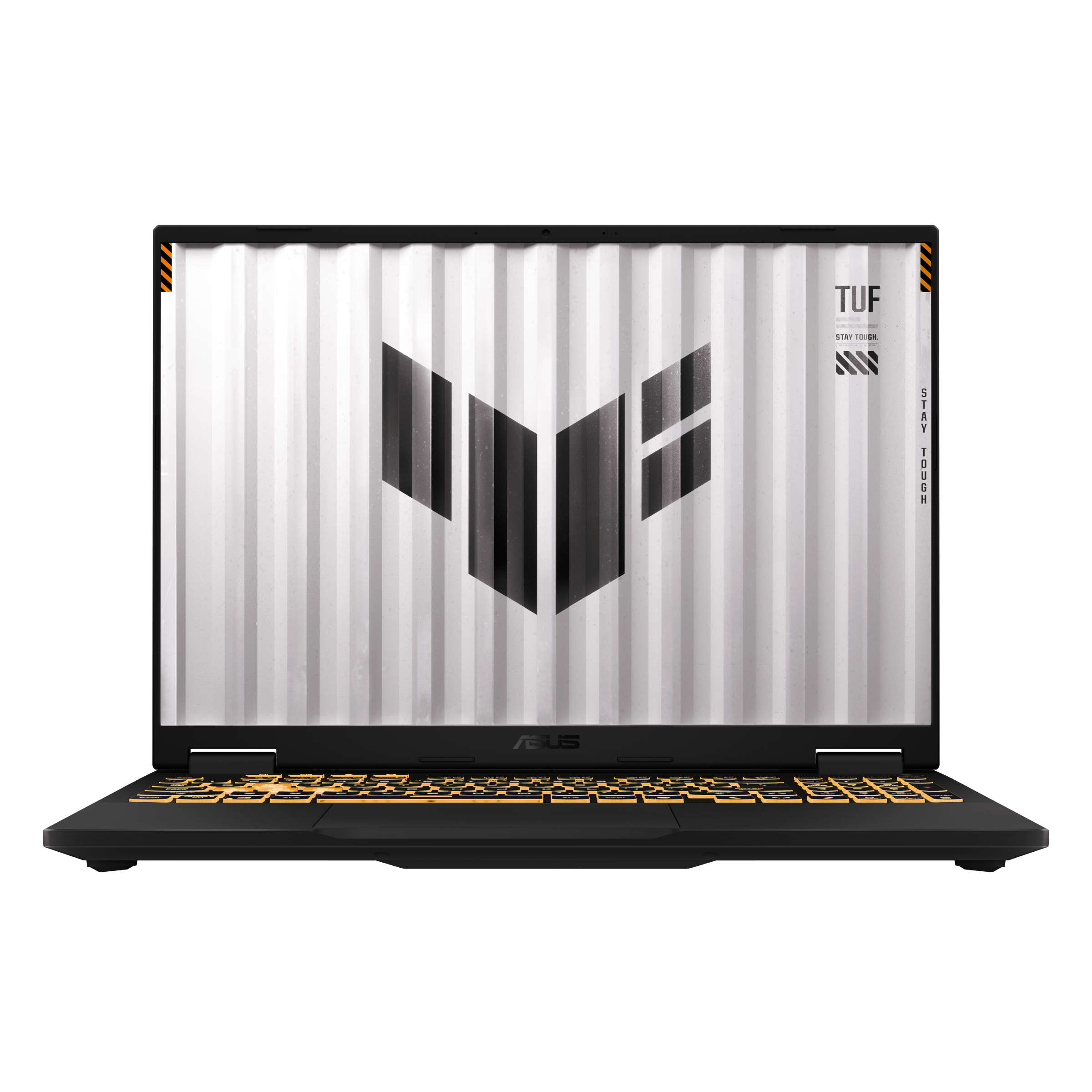 Czarny laptop z podświetlaną żółtą klawiaturą i logo TUF.