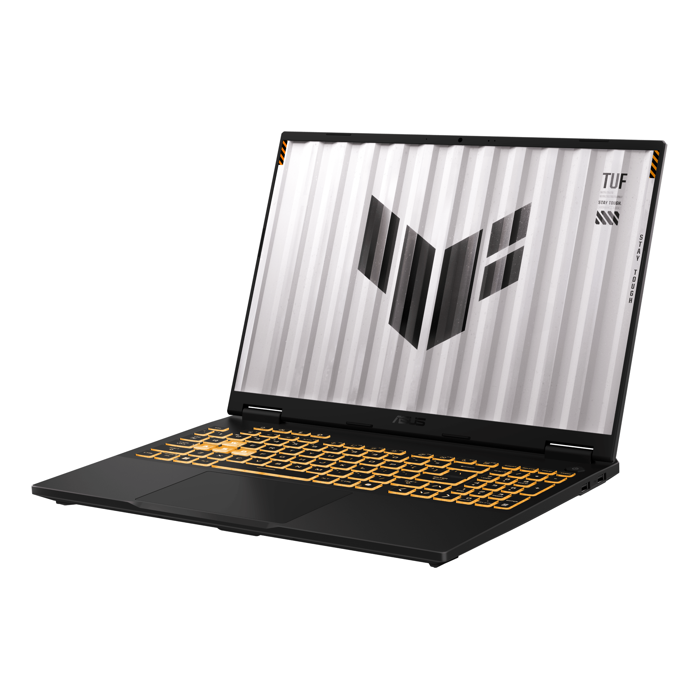 Czarny laptop z podświetlaną klawiaturą i logo na ekranie.