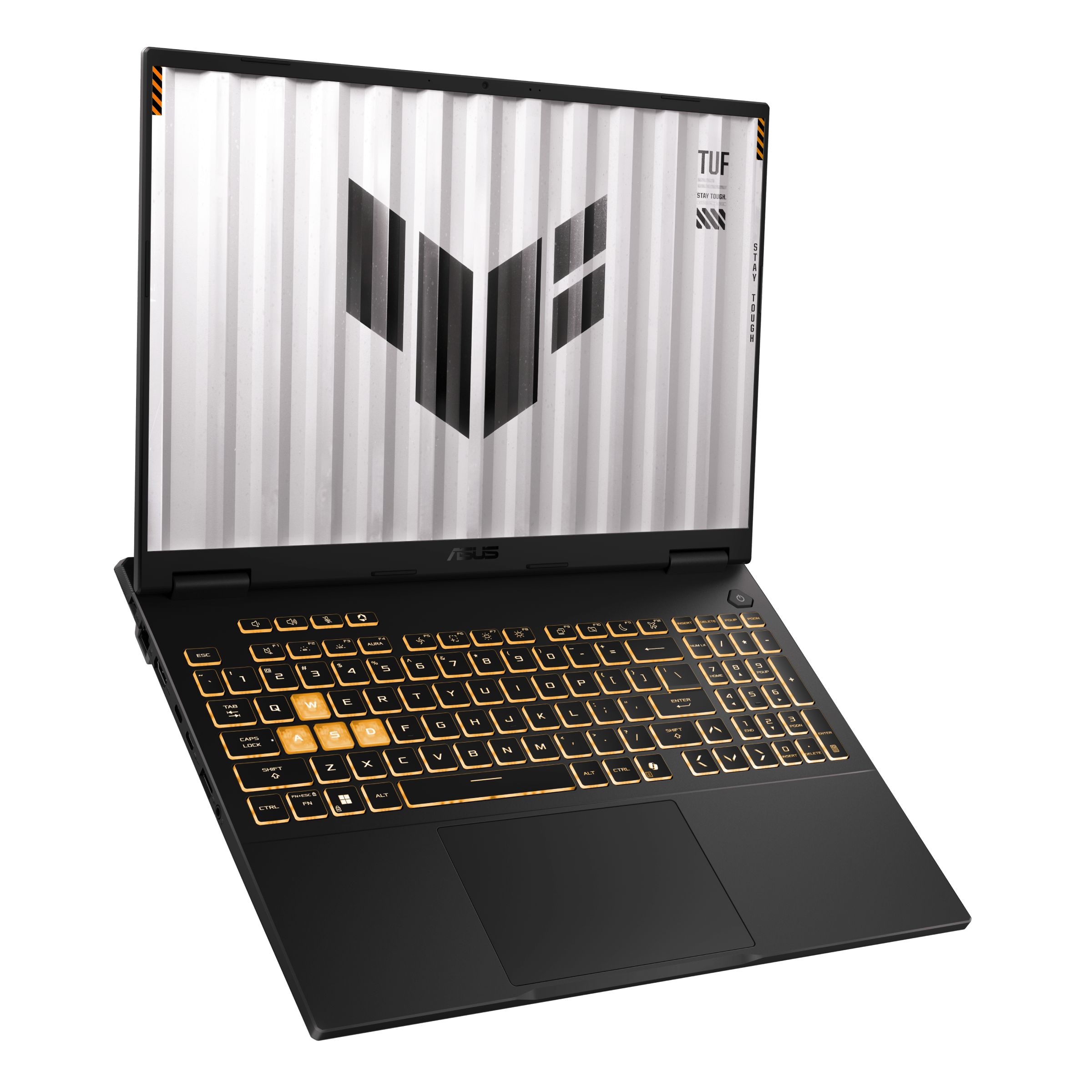 Czarny laptop z podświetlaną klawiaturą i stylizowanym logo na ekranie.