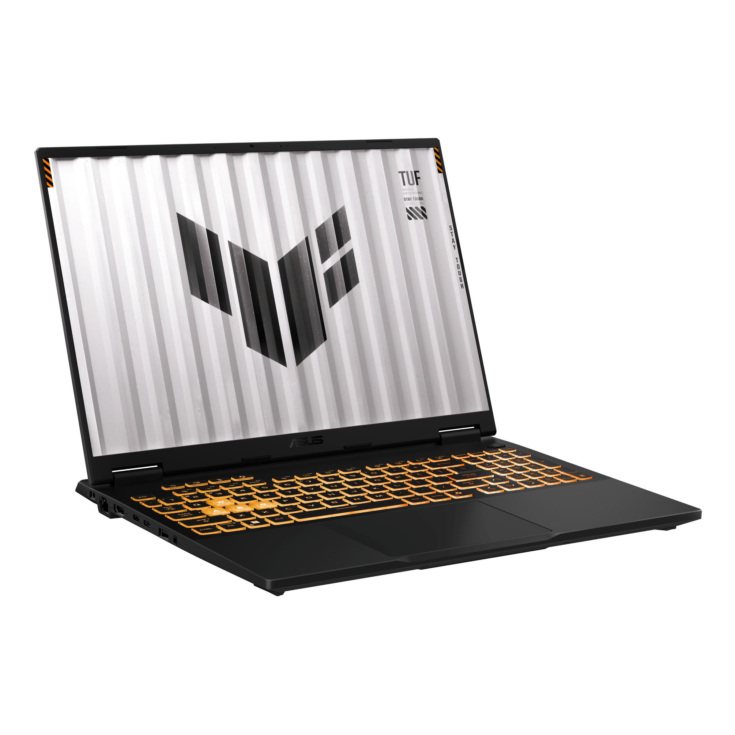 Czarny laptop z podświetlaną klawiaturą, ekran pokazuje logo na białym tle.