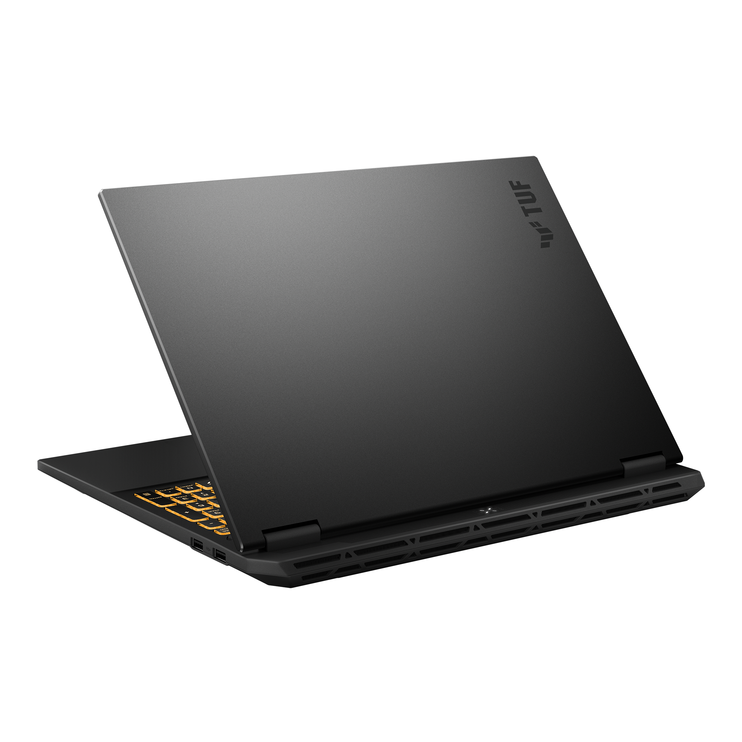 Czarny laptop z podświetlaną klawiaturą i logo TUF.