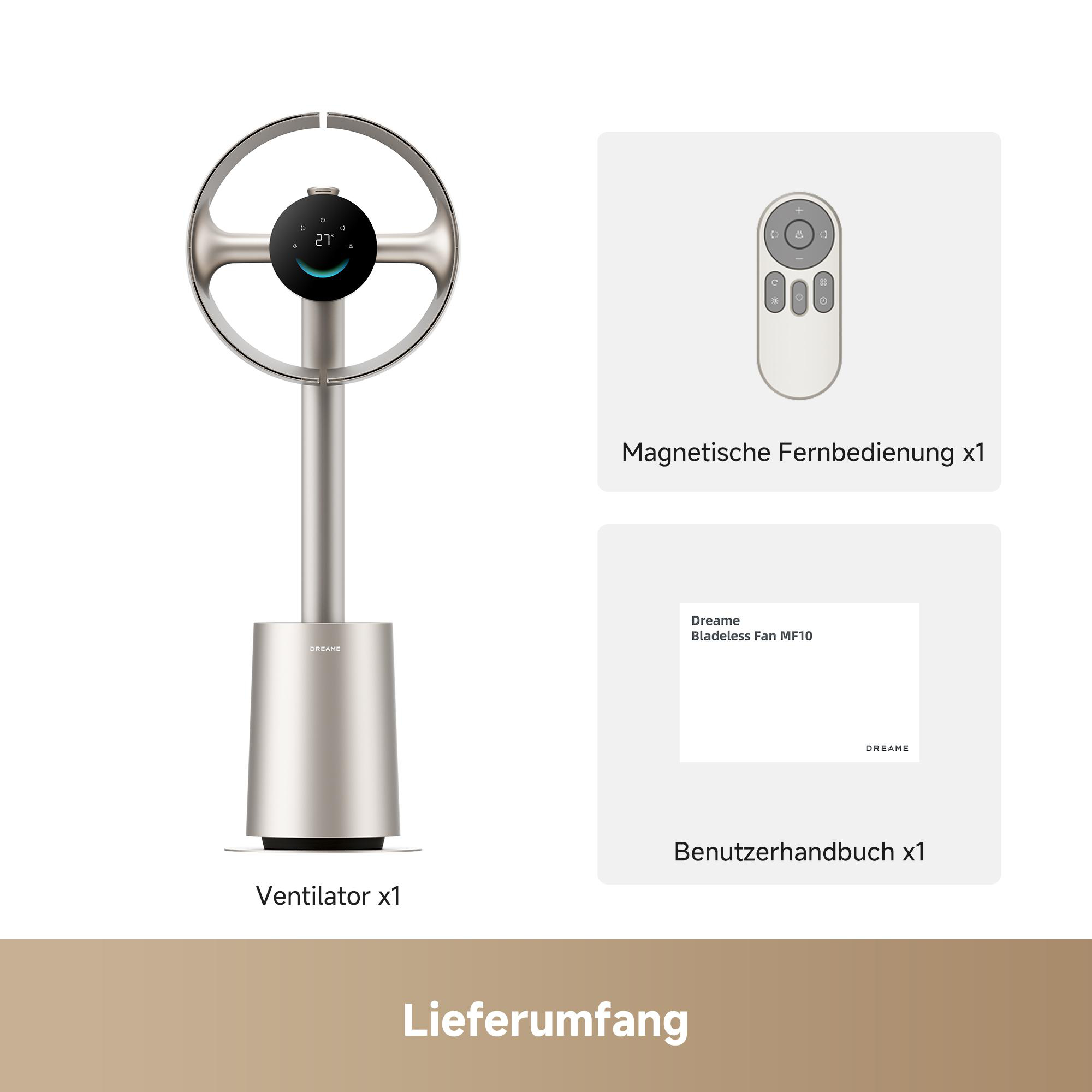 Ein silberner Ventilator mit Fernbedienung und Handbuch.