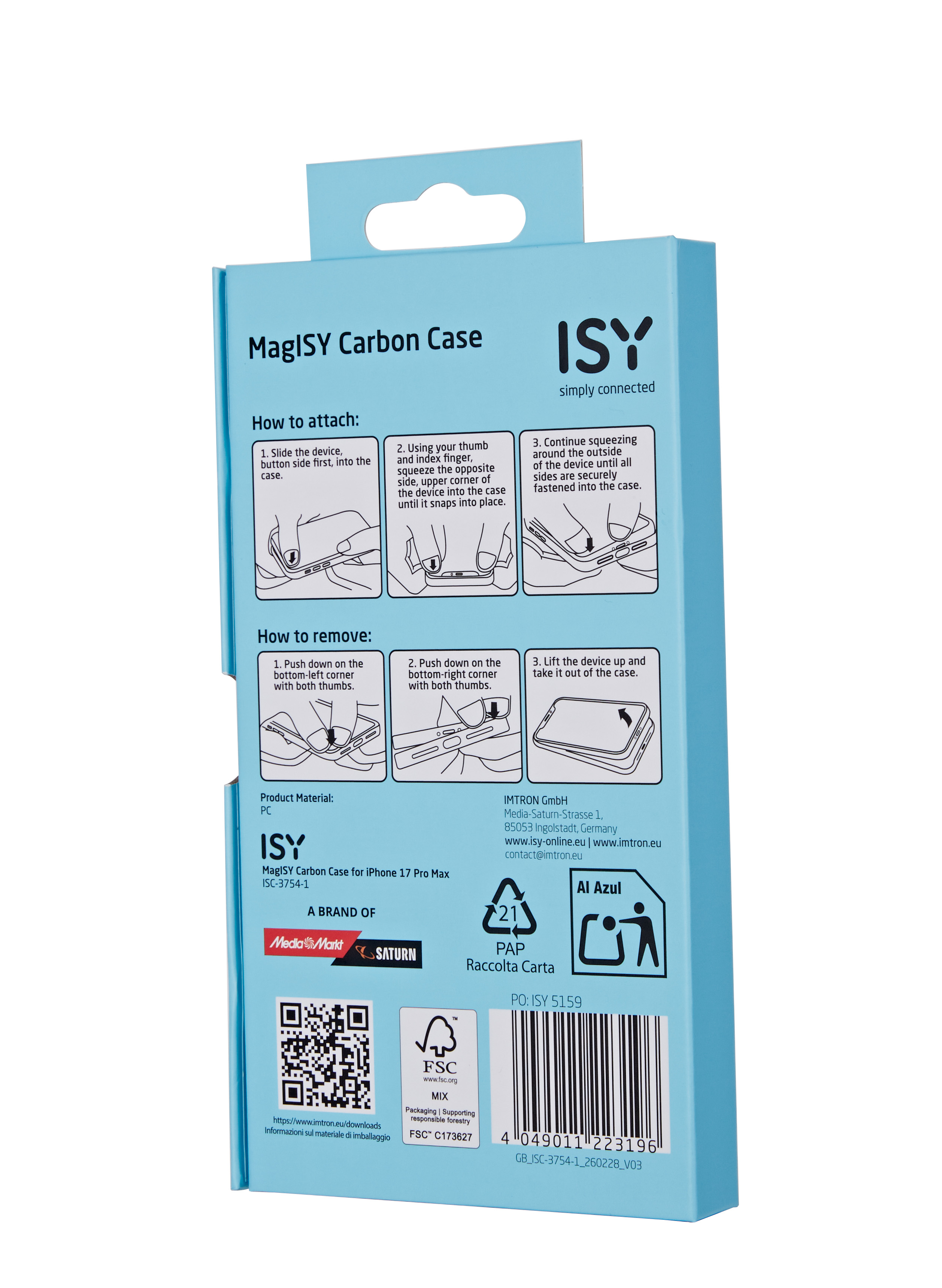 Verpackung für MagISY Carbon Case für iPhone 17 Pro Max mit Anleitungen.