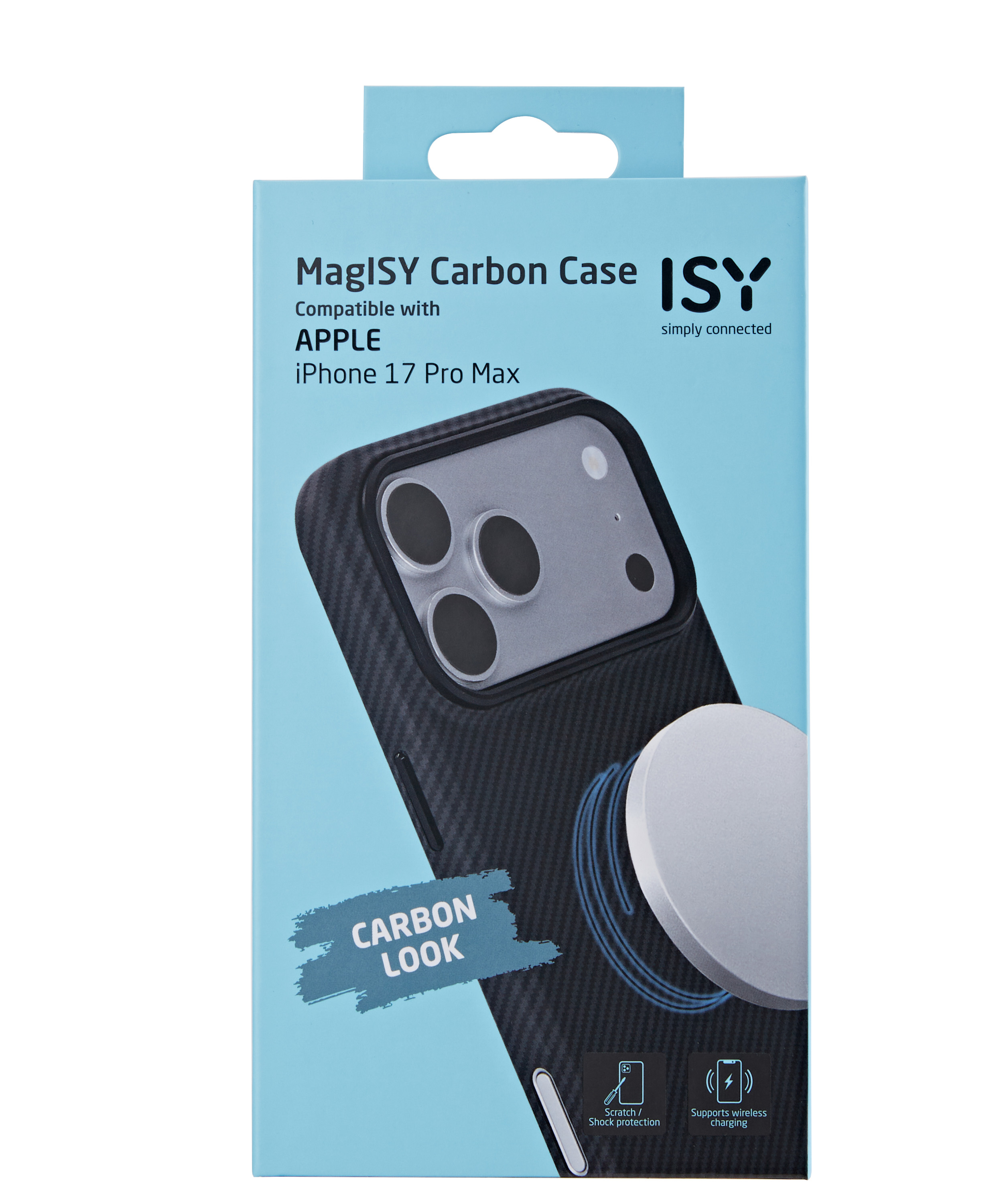 Verpackung für eine ISY MagISY Carbon Hülle für iPhone 17 Pro Max.