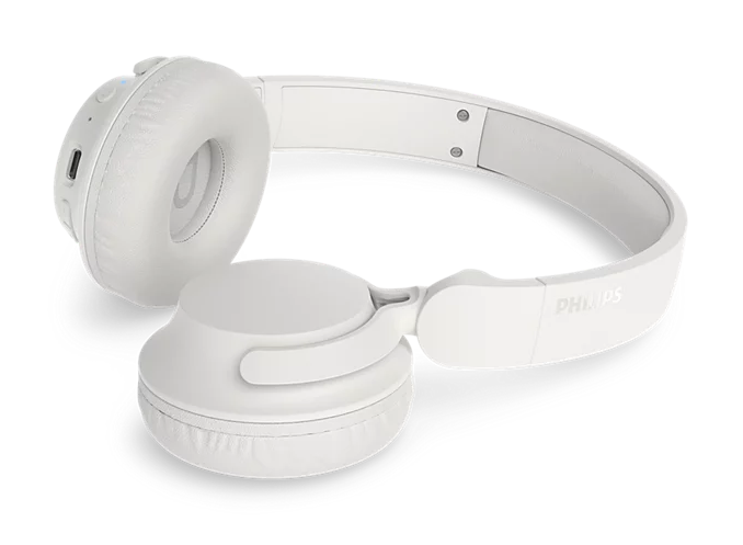 Białe słuchawki Philips z nausznymi poduszkami i regulowanym pałąkiem.