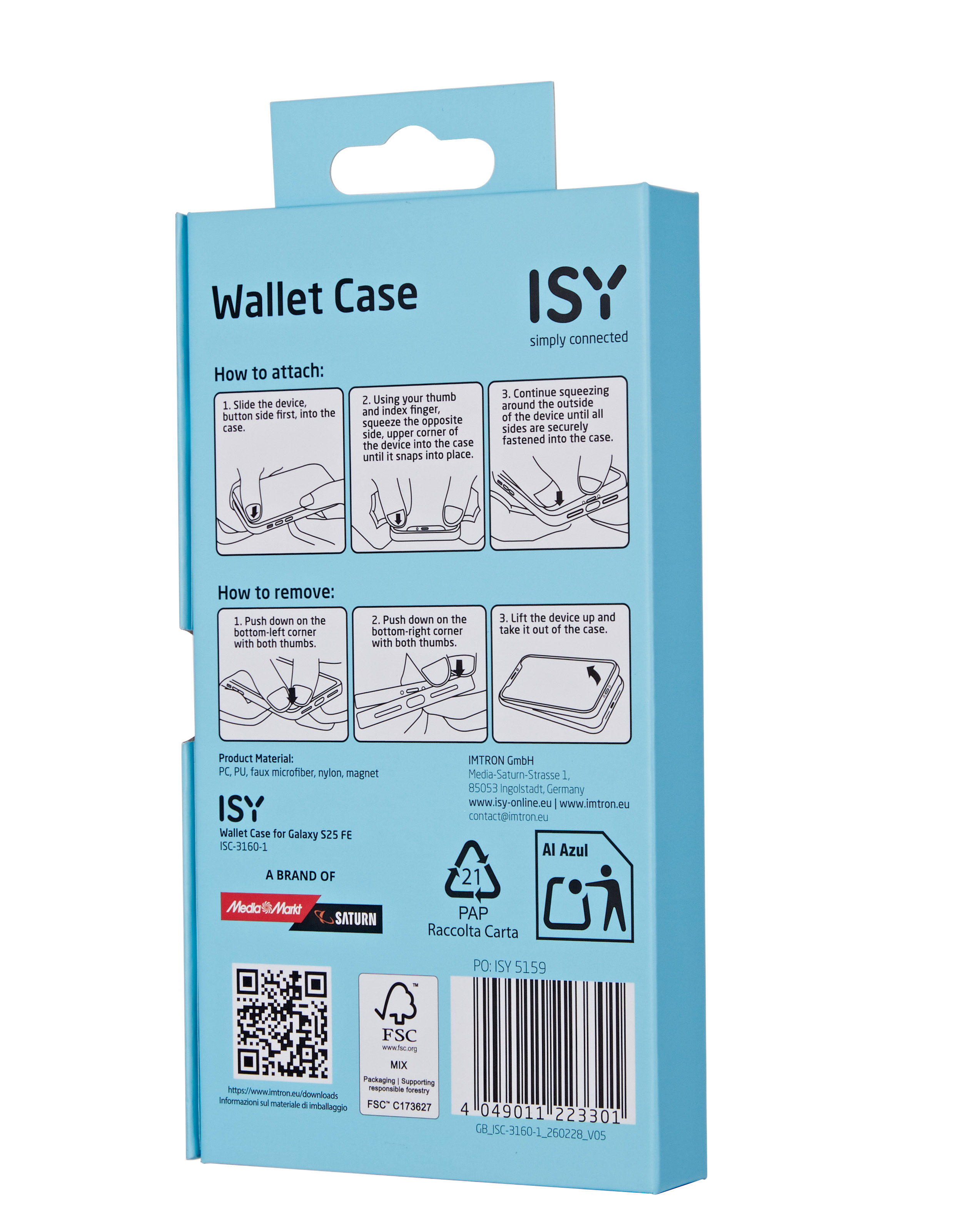 Verpackung für eine Handyhülle mit Anleitungen zum Anbringen und Entfernen.