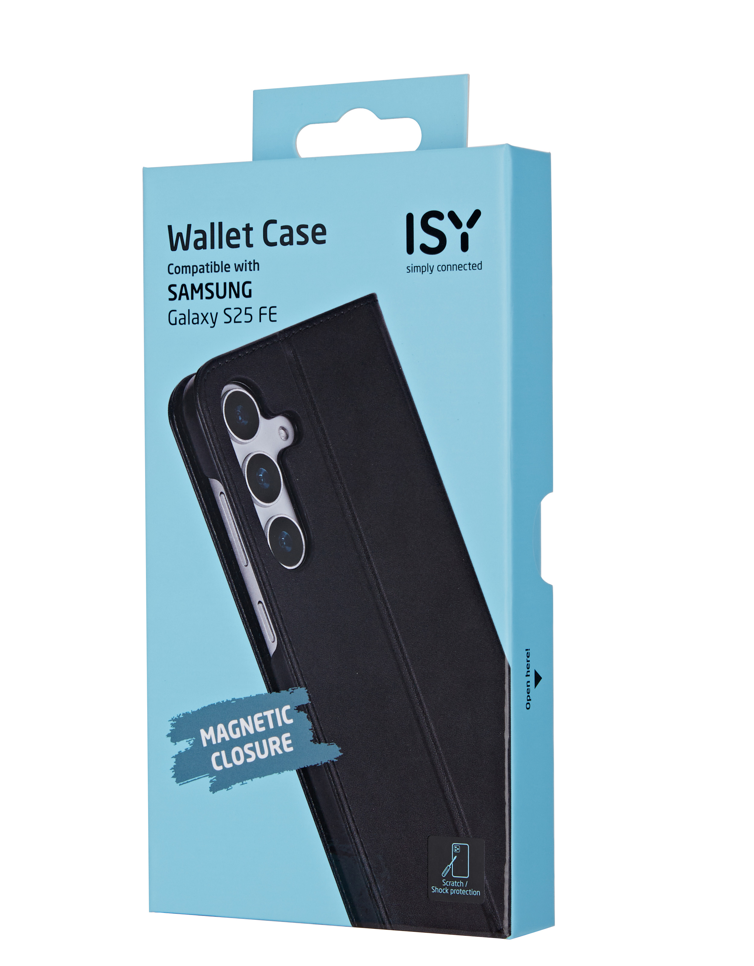 Schwarzes Portemonnaie-Case für Samsung Galaxy S25 FE mit ISY-Logo.