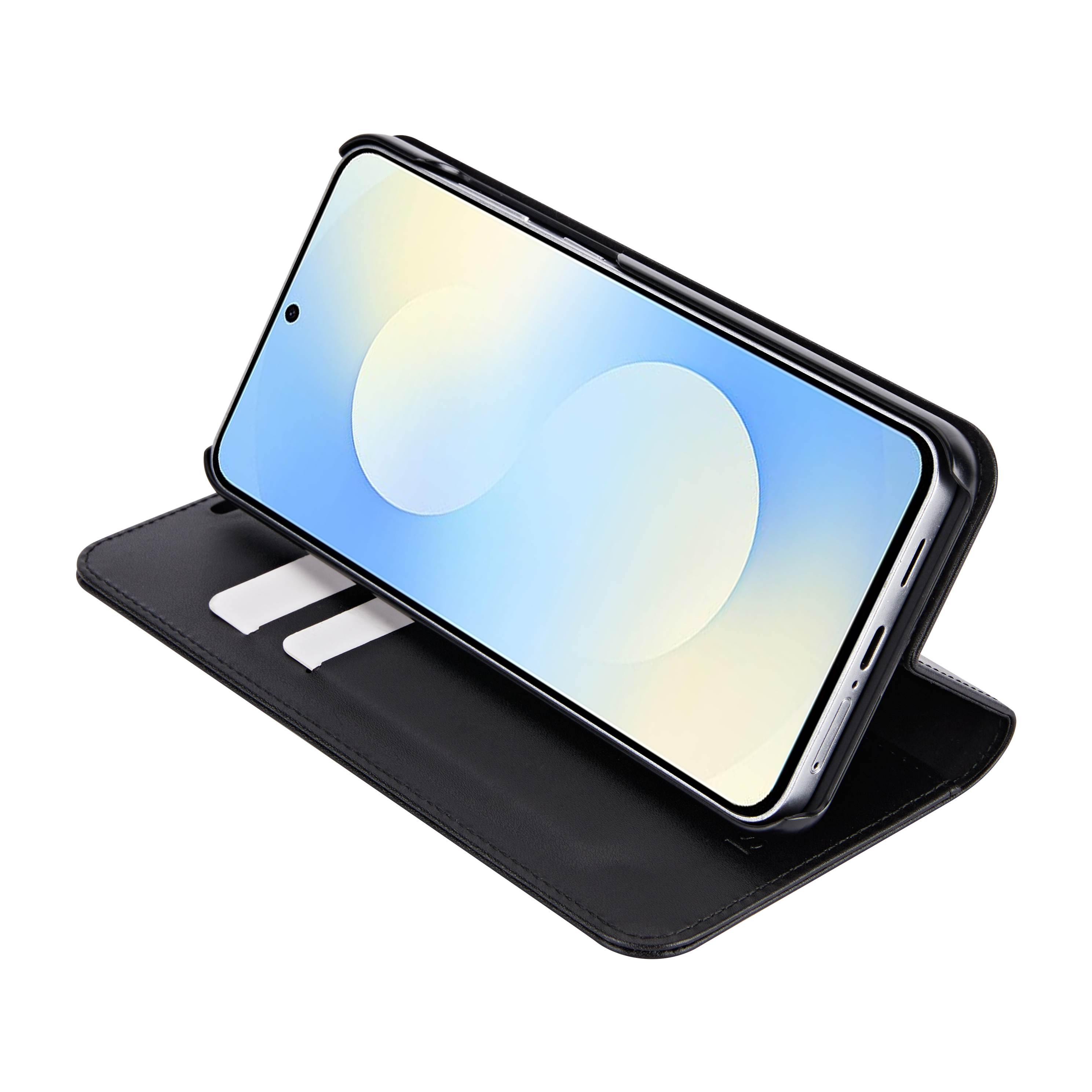 Ein schwarzes Flip-Case mit einem Smartphone, das auf einem weißen Hintergrund steht.