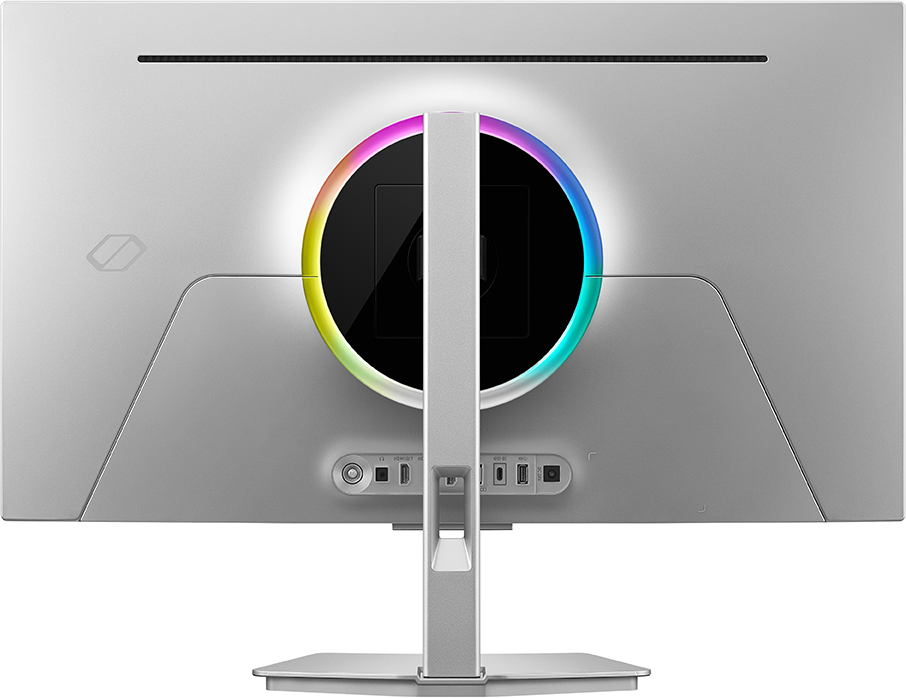 Ezüst monitor hátulja RGB világítással és portokkal.