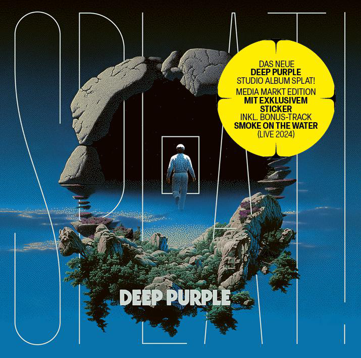 Deep Purple Albumcover: Eine Figur geht auf schwebende Inseln in einem Sternenhimmel zu.