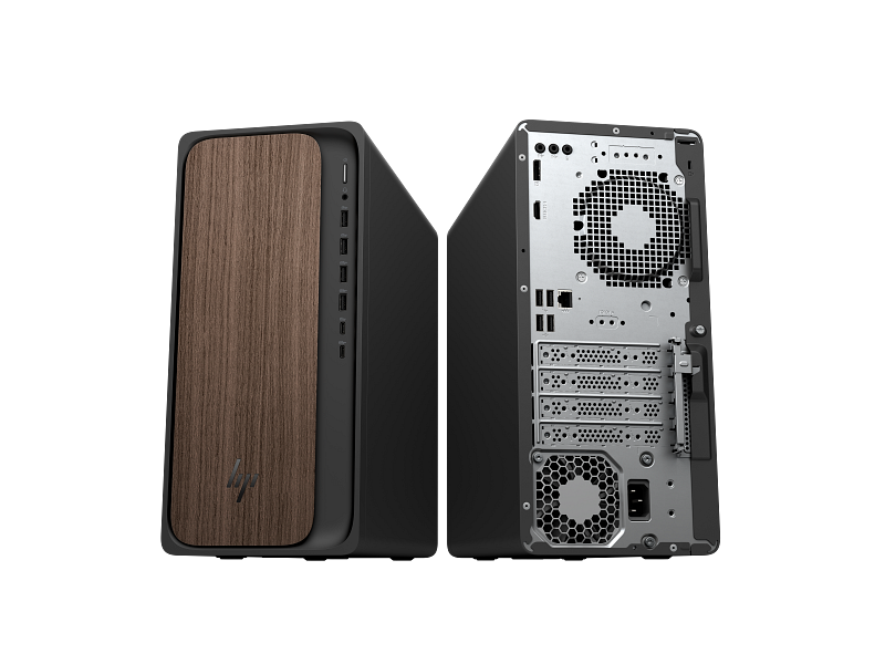 Zwei HP Desktop-Computer: vorne mit Holzpanel, hinten mit Anschlüssen und Lüftern.