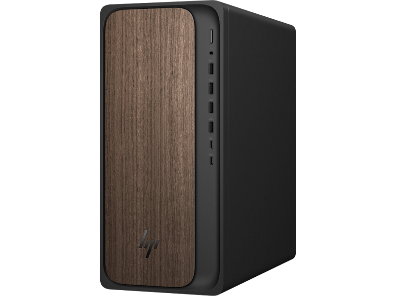 Schwarzer PC-Turm mit Holzmaserung vorne und mehreren USB-Anschlüssen.