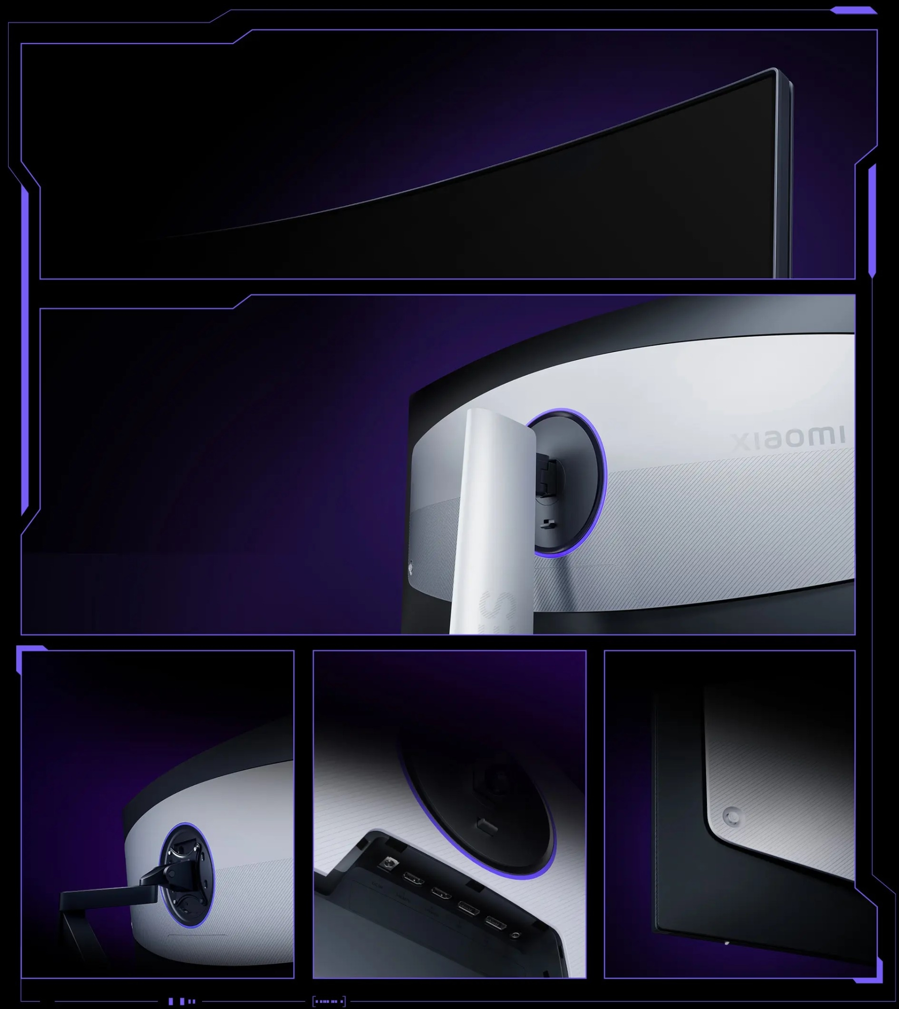 Ívelt Xiaomi monitor fehér állvánnyal és portokkal.