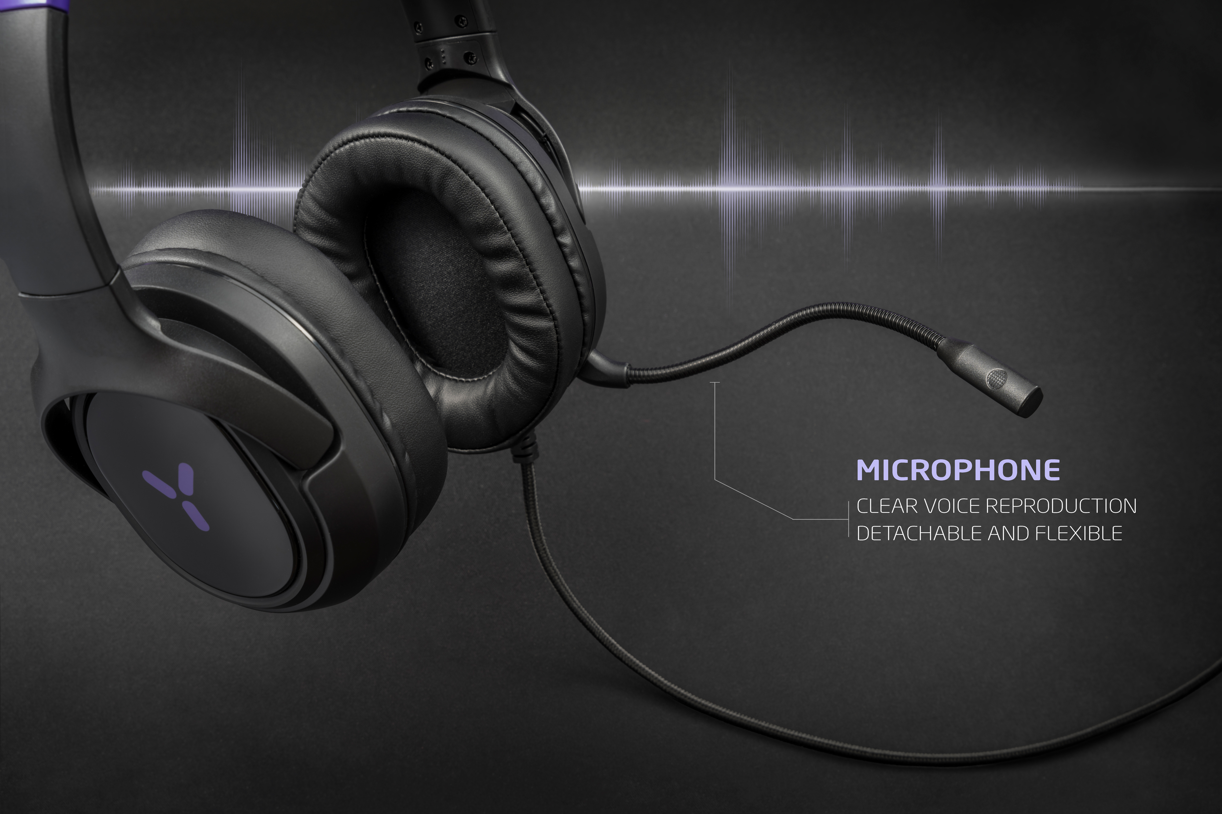 Black headphones with microphone and waveform graphic.