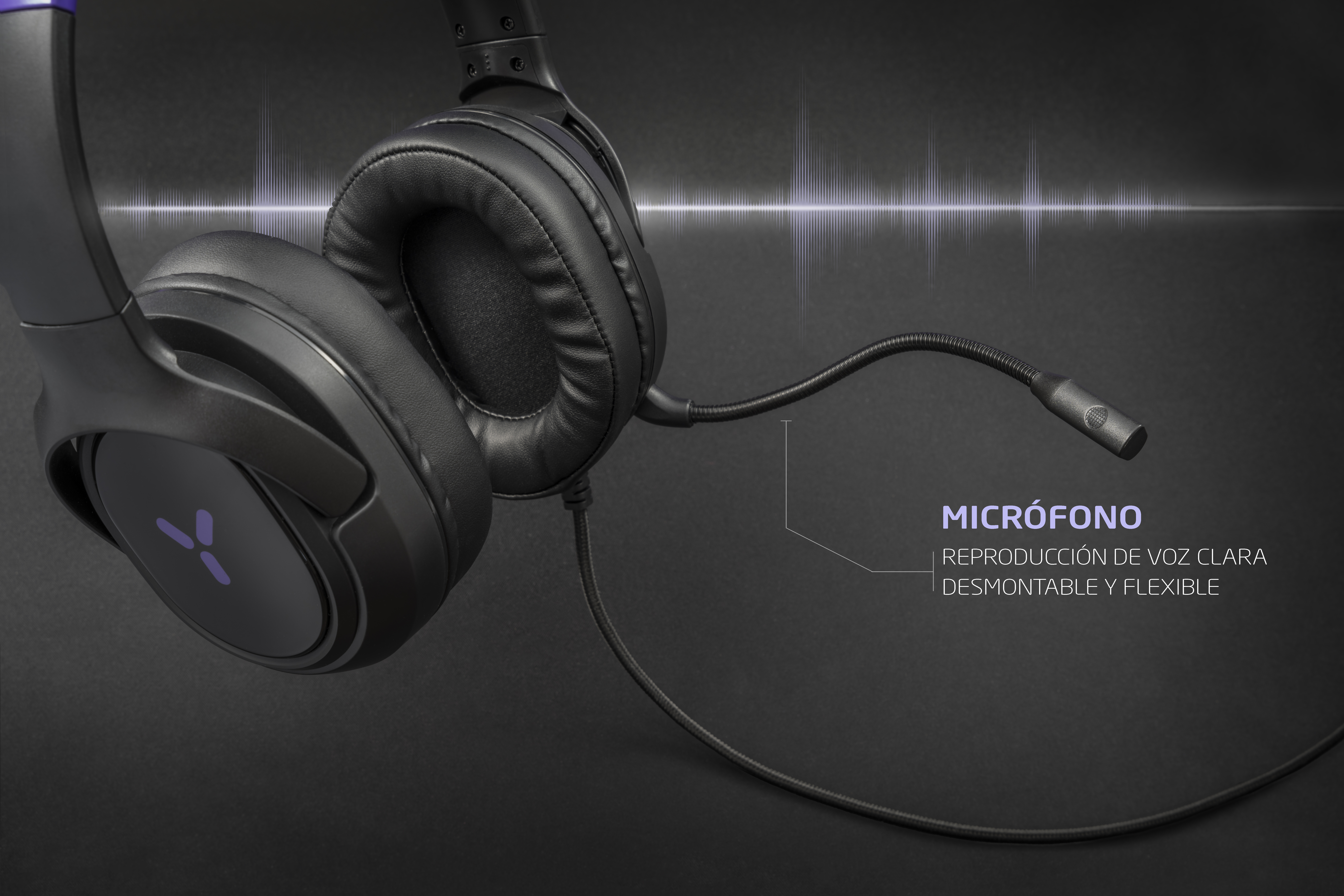 Black headphones with a microphone and purple logo. Sound waves in the background.