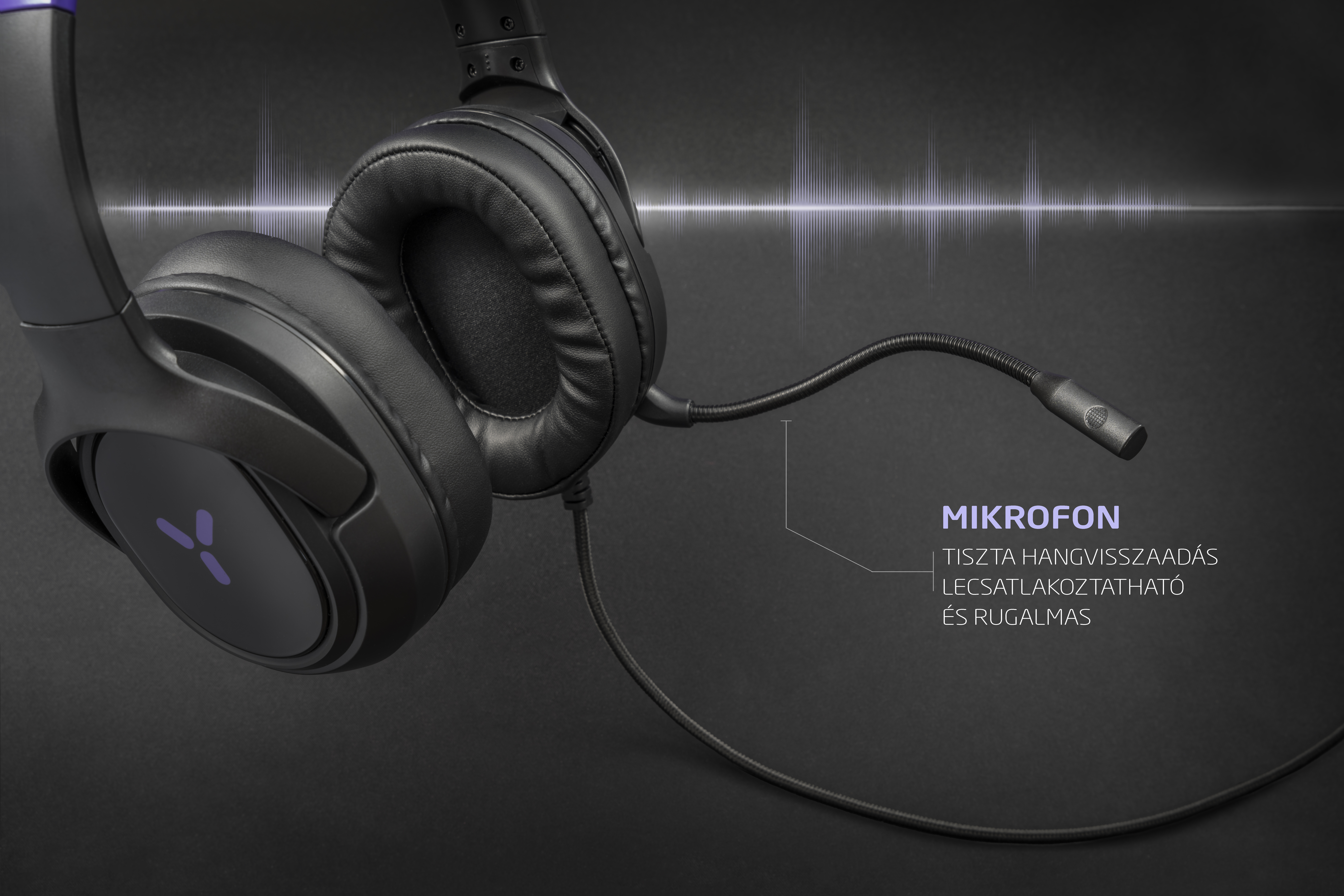 Black headphones with a detachable microphone and waveform graphic.