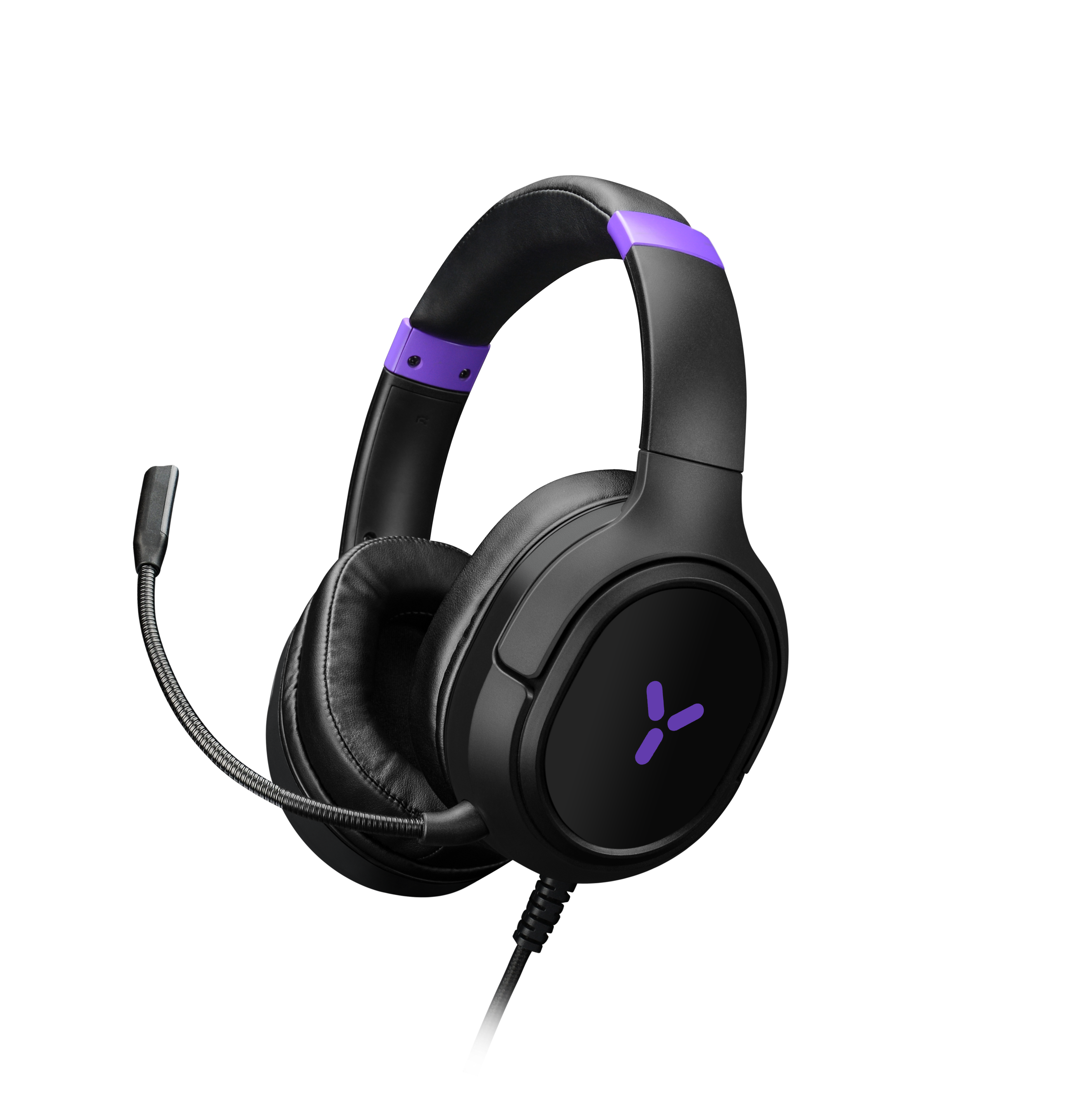Black headphones with purple accents and a microphone, on a black background.
