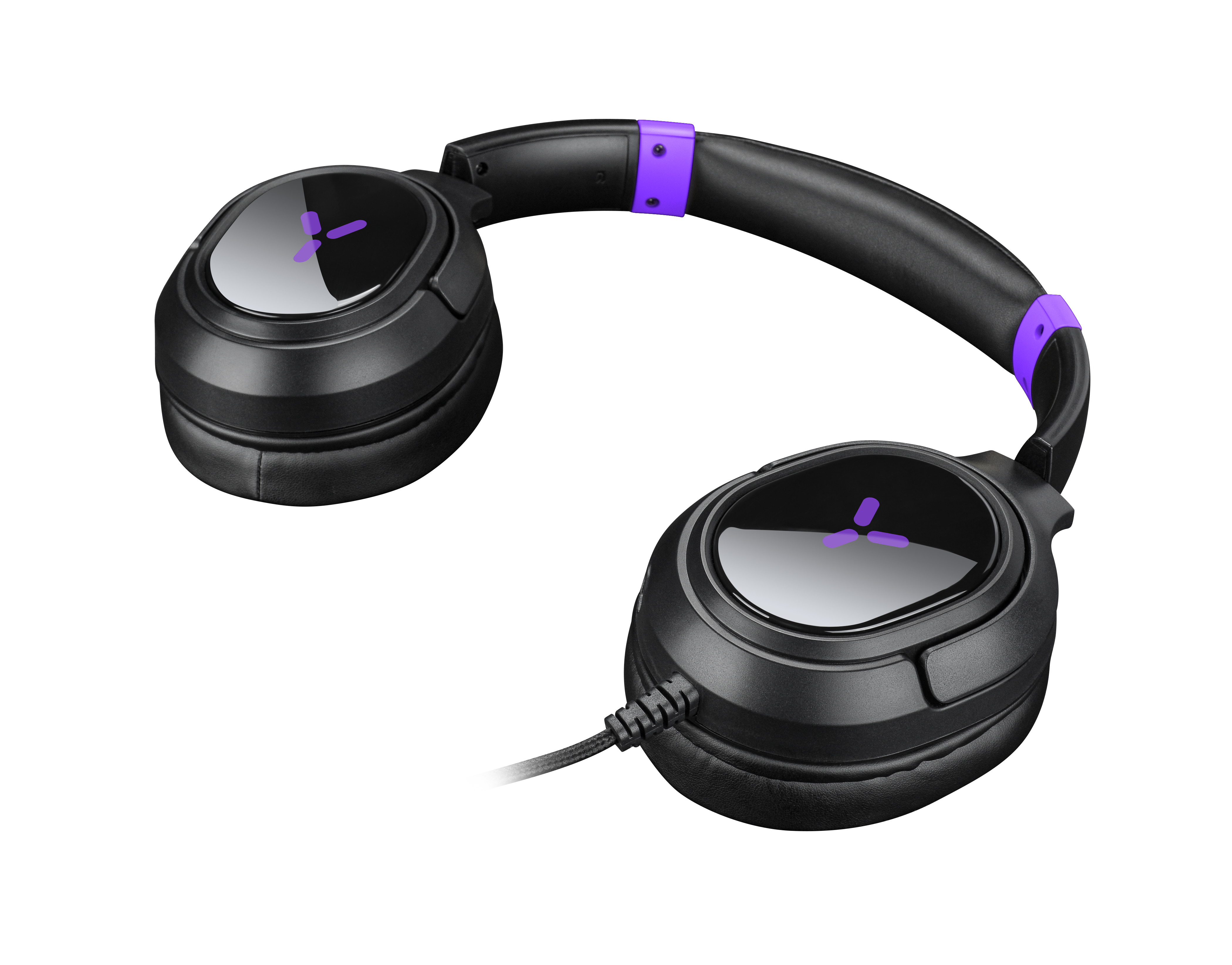 Black headphones with purple accents and logo on a black background.