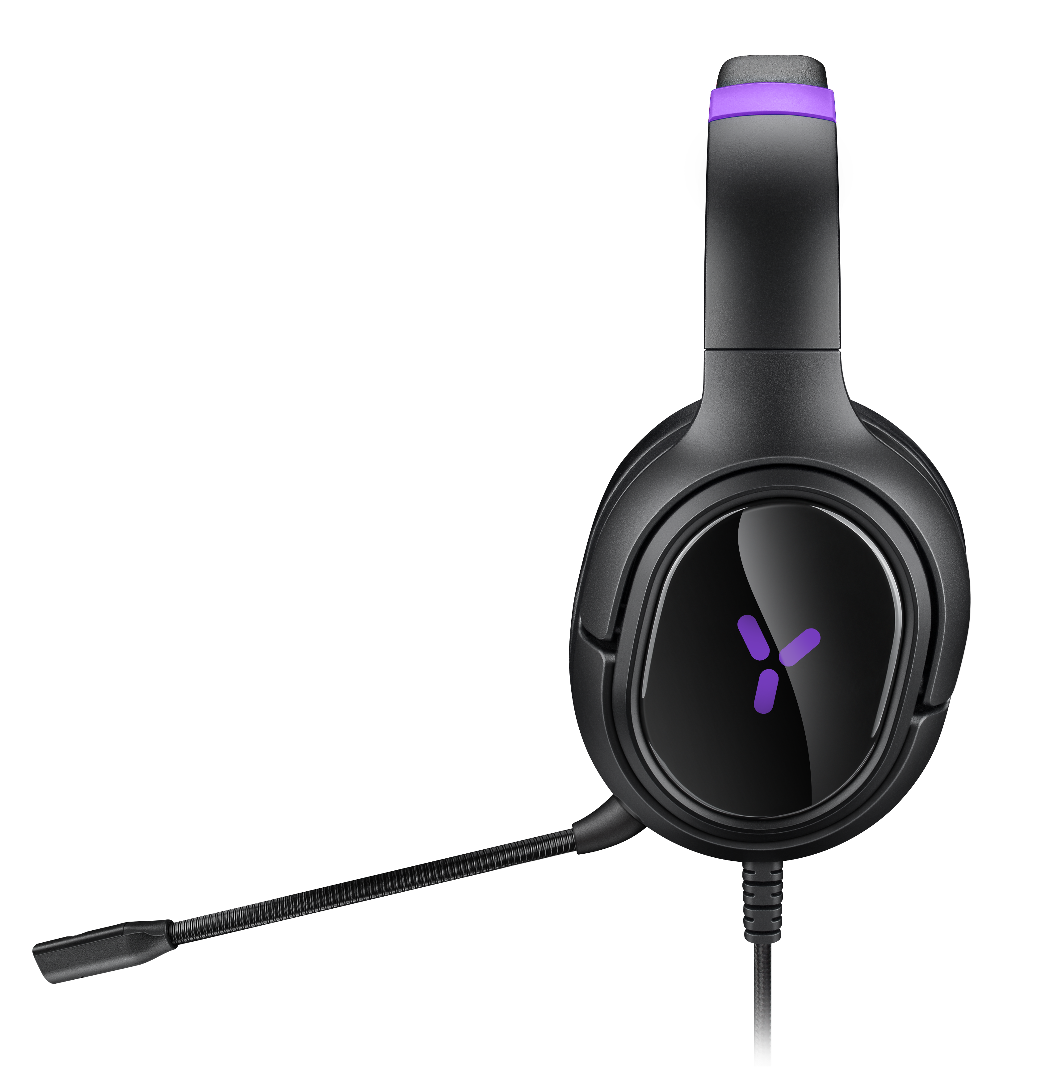 Black headset with microphone, purple accents, and illuminated logo.