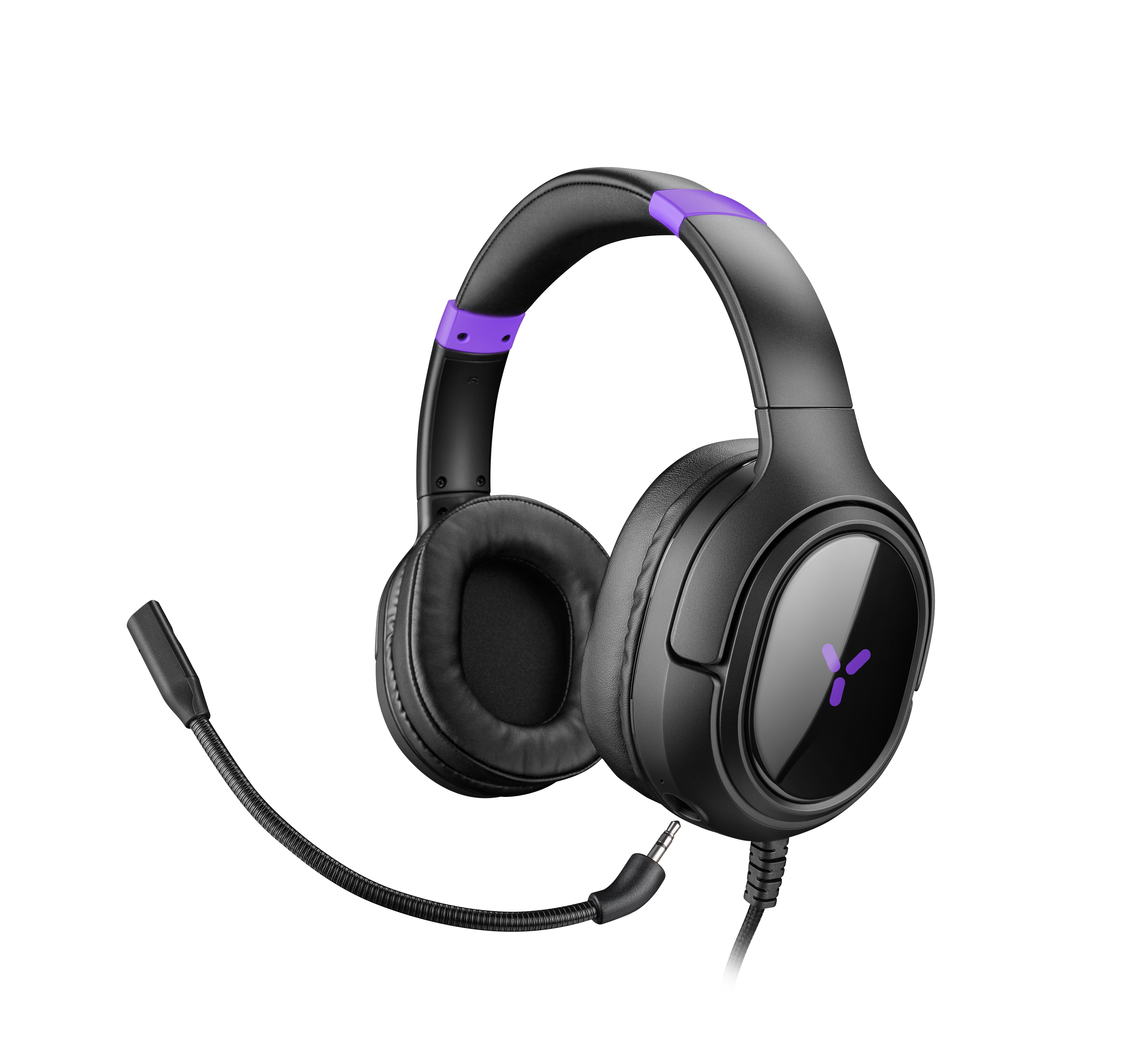 Black headphones with purple accents and a microphone.