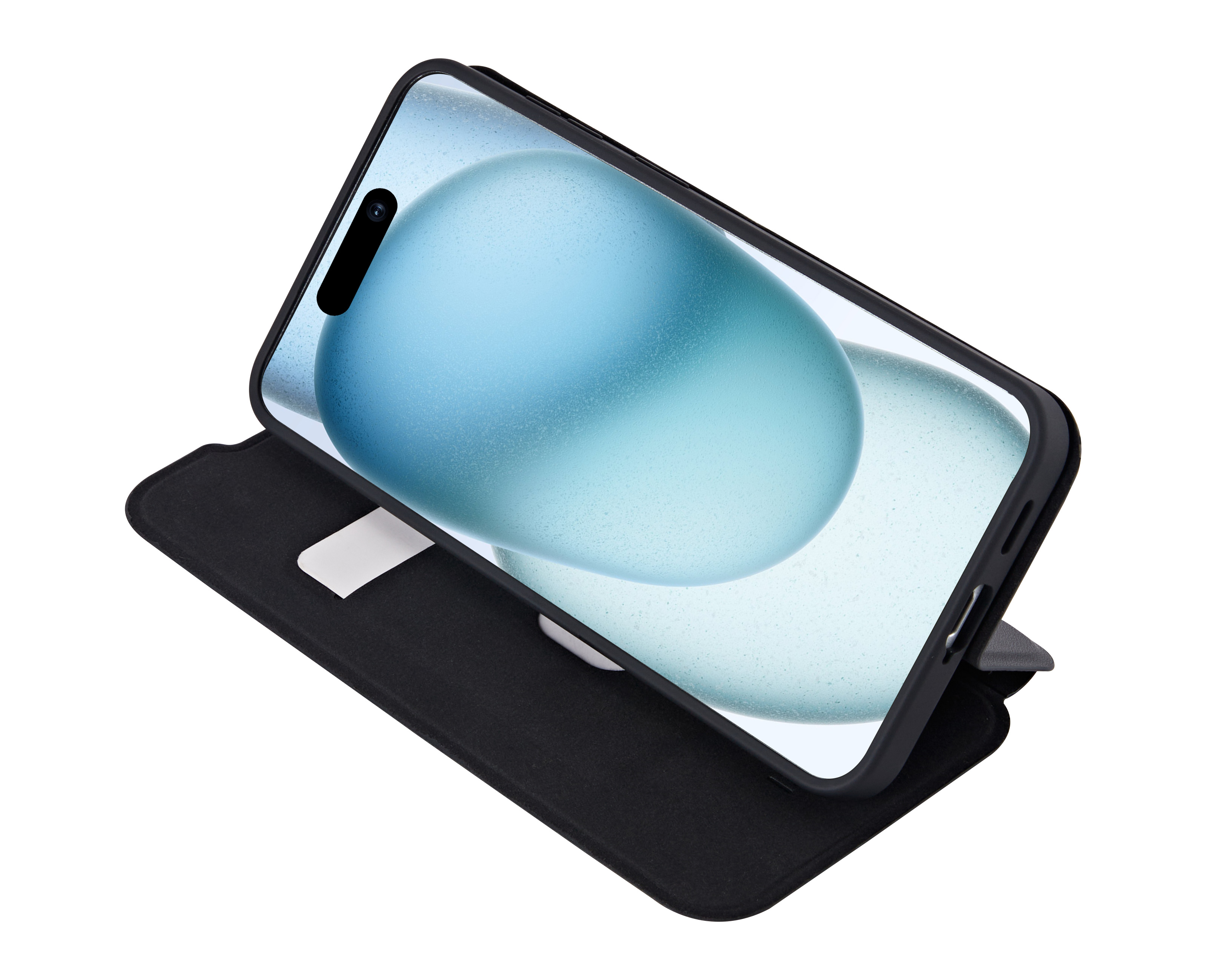 Ein schwarzes Smartphone mit offenem Klapp-Case vor einem weißen Hintergrund.