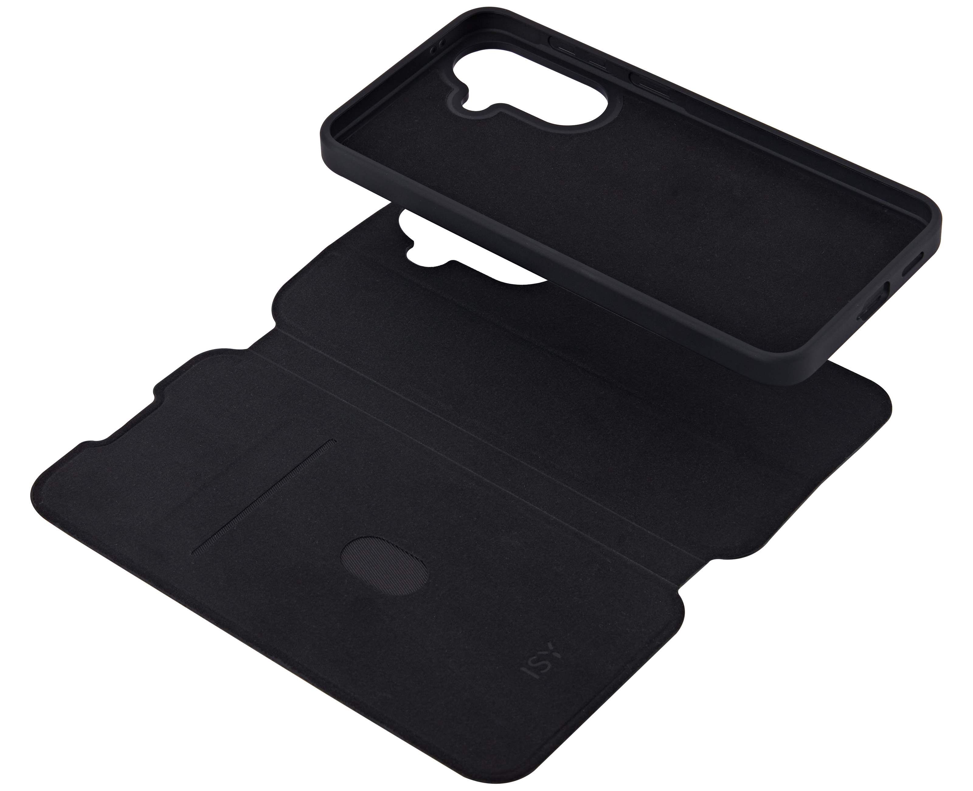 Schwarze Handyhülle, offen, mit Aussparungen für Kamera und Knöpfe.