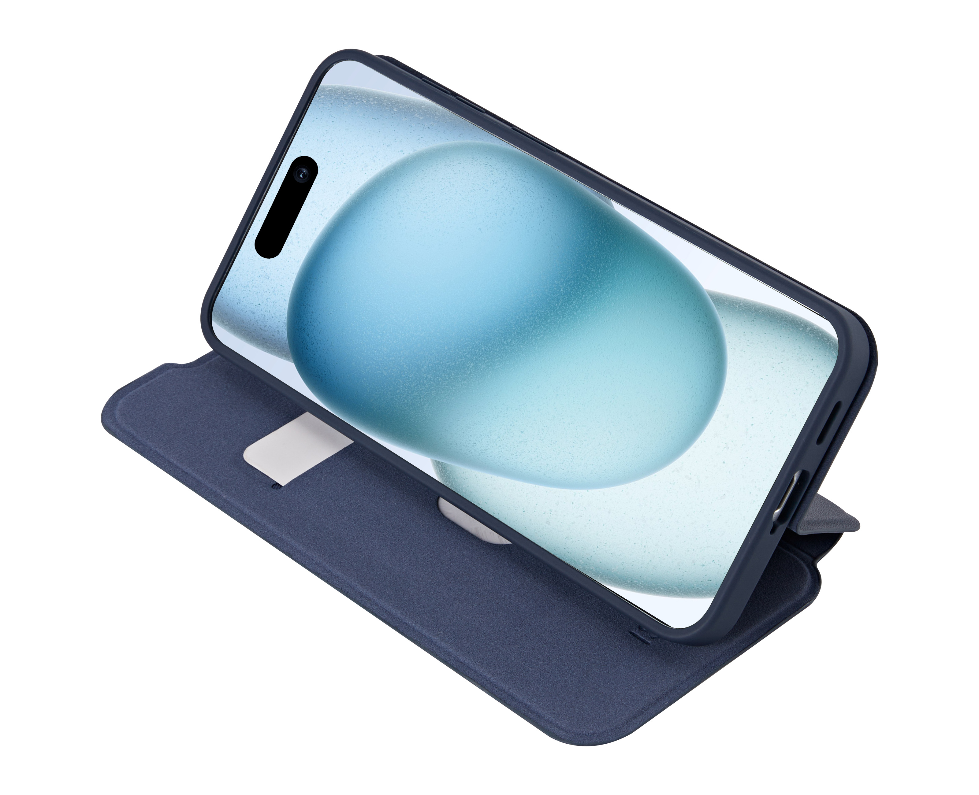 Dunkelblaues Smartphone mit offenem Klappcover, das eine blaue abstrakte Grafik anzeigt.