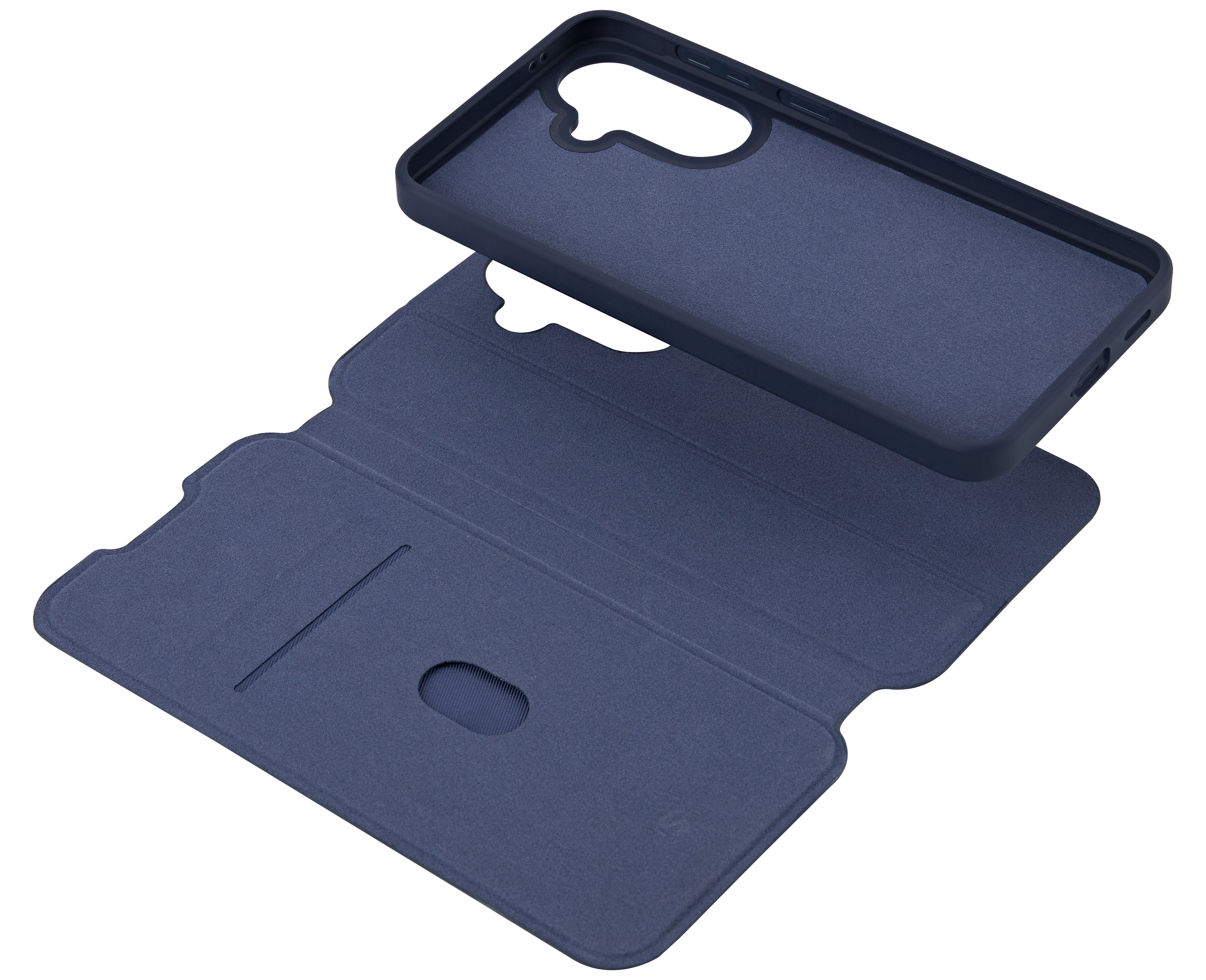 Dunkelblaue Handyhülle, geöffnet, mit Fach für eine Karte.