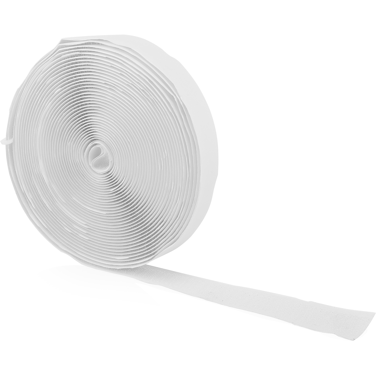 A roll of white hook and loop fastener with a single strip extended.