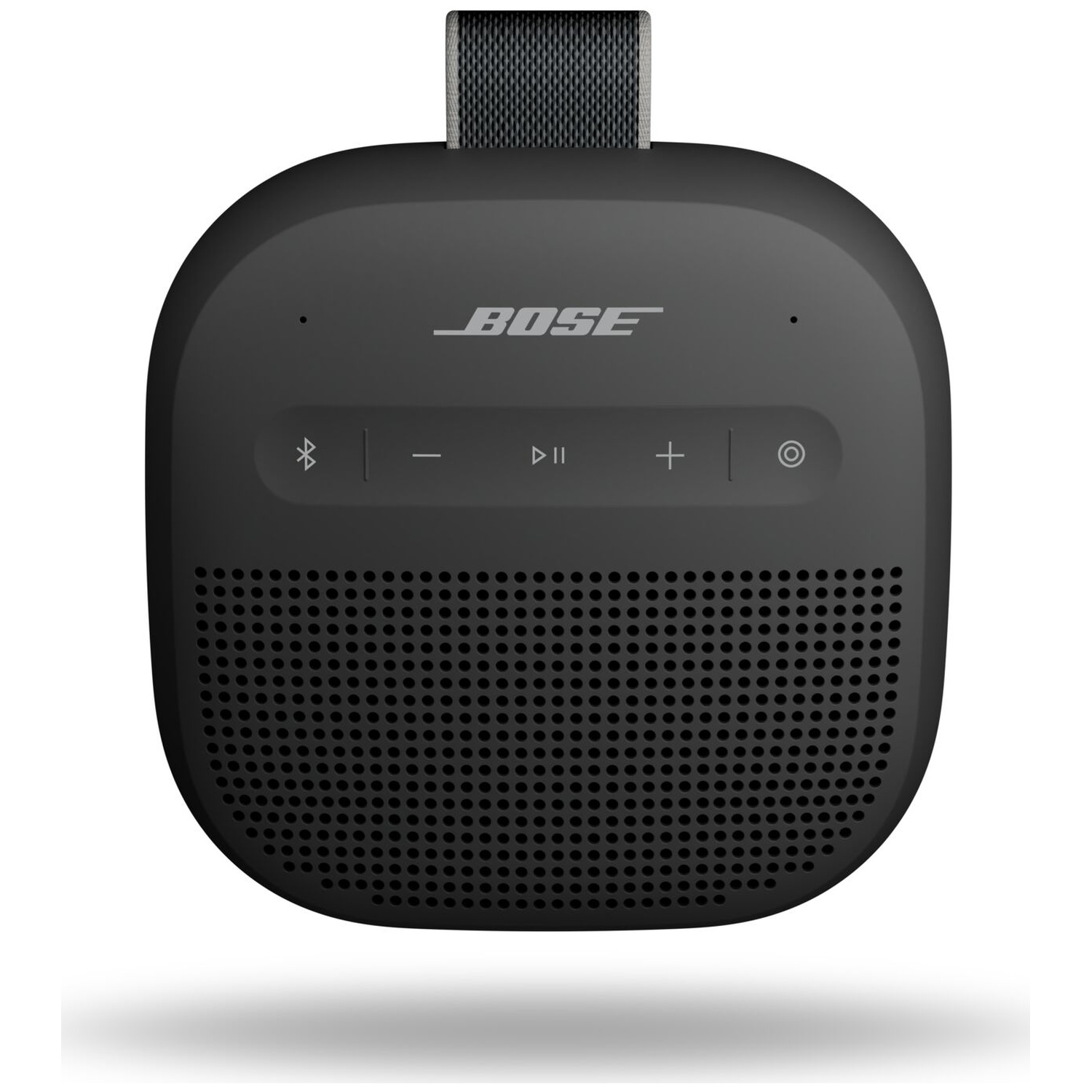 Zwarte Bose speaker met bedieningselementen en draagband.