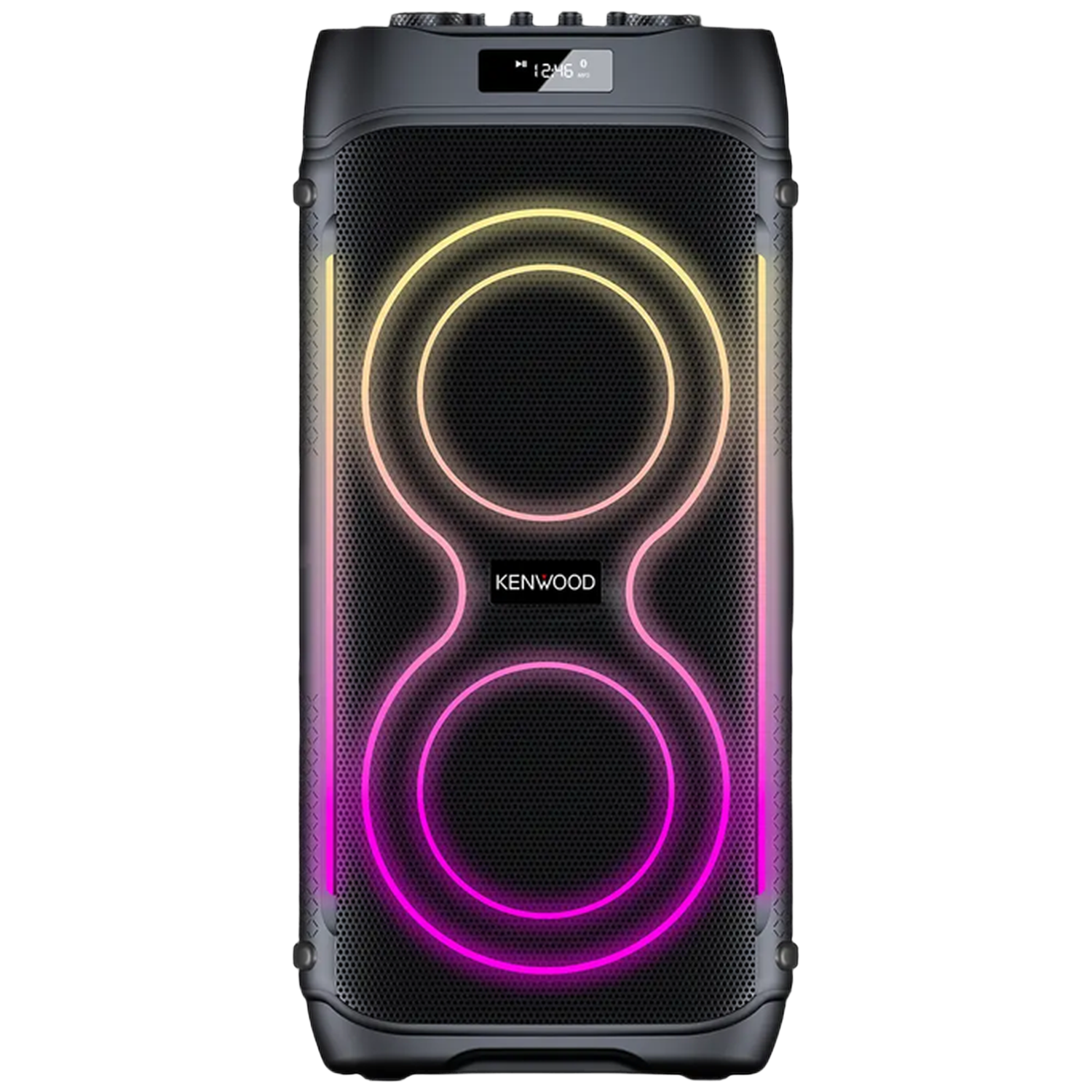 Zwarte luidspreker met gloeiende gele en roze ringen. Kenwood logo zichtbaar.