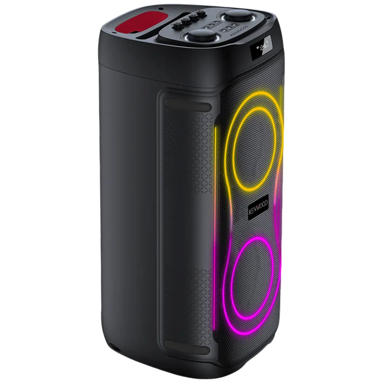 Zwarte Kenwood luidspreker met kleurrijke verlichting en bedieningselementen bovenop.