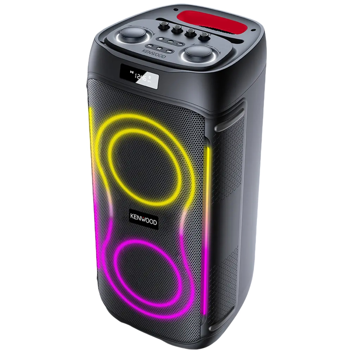 Zwarte Kenwood luidspreker met gele en paarse lampjes.