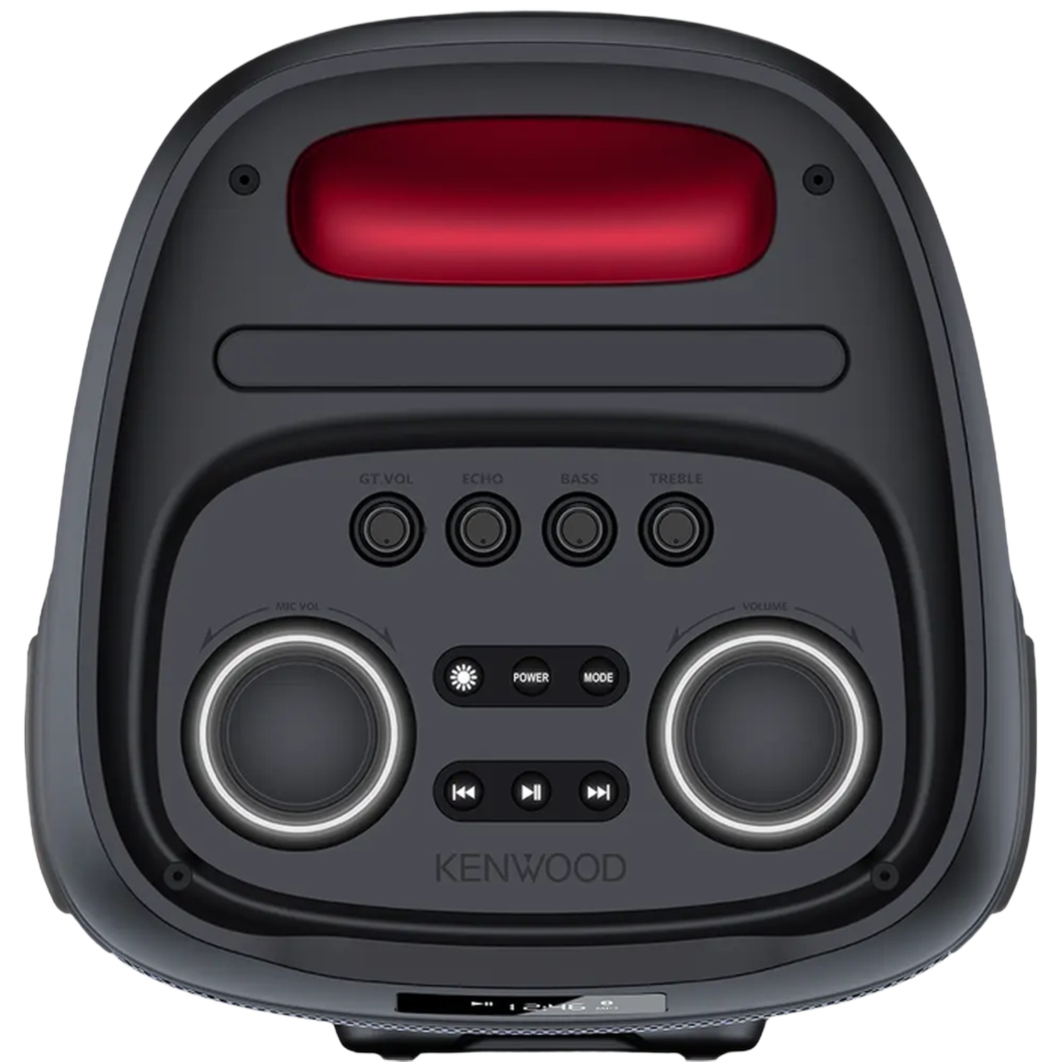 Zwarte Kenwood luidspreker met rode lichtbalk en zilveren knoppen. Volume-, bas-, treble-bediening.