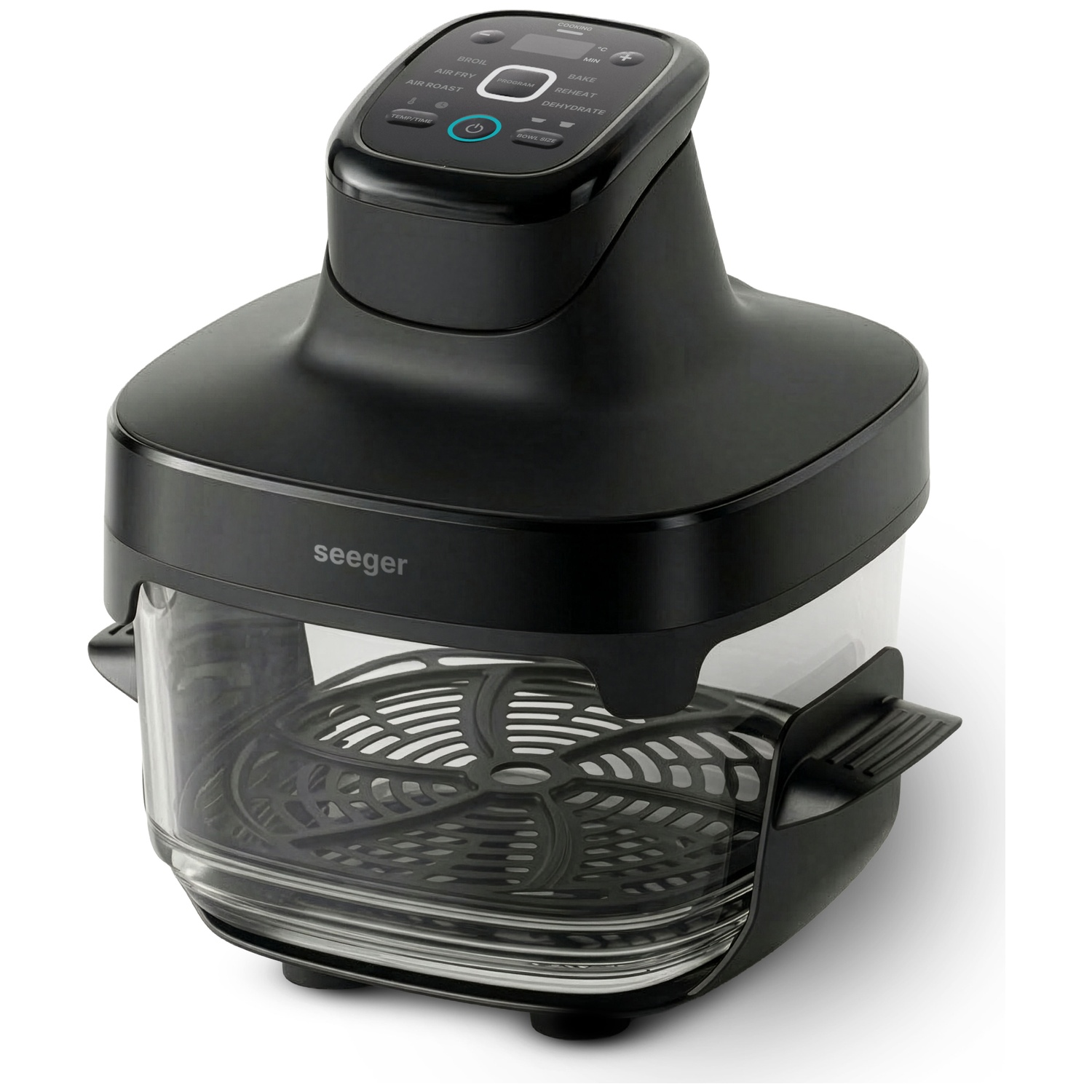 Een zwarte Seeger airfryer met een doorzichtige glazen kom en digitale bedieningselementen.