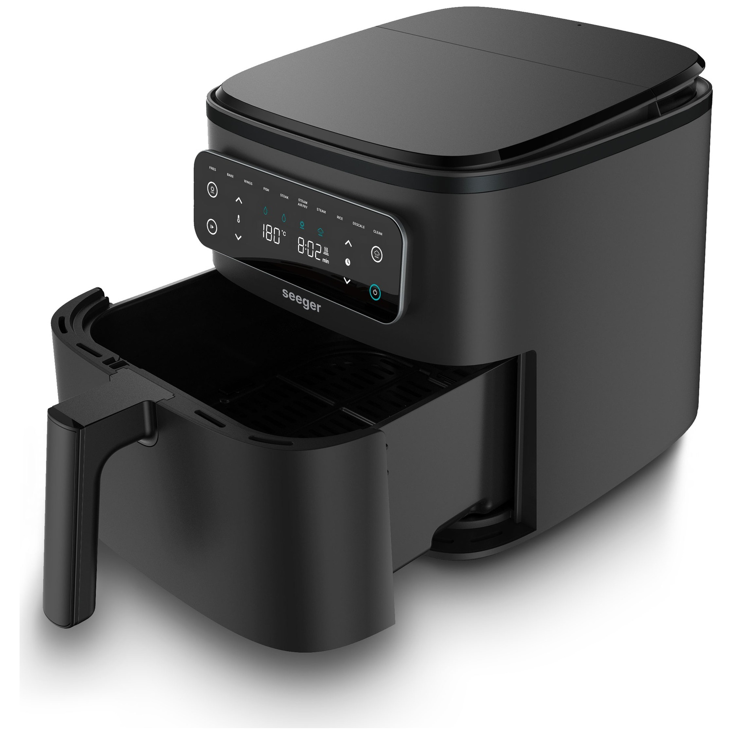 A black modern air fryer with a digital display and a pull-out basket shown from the side.