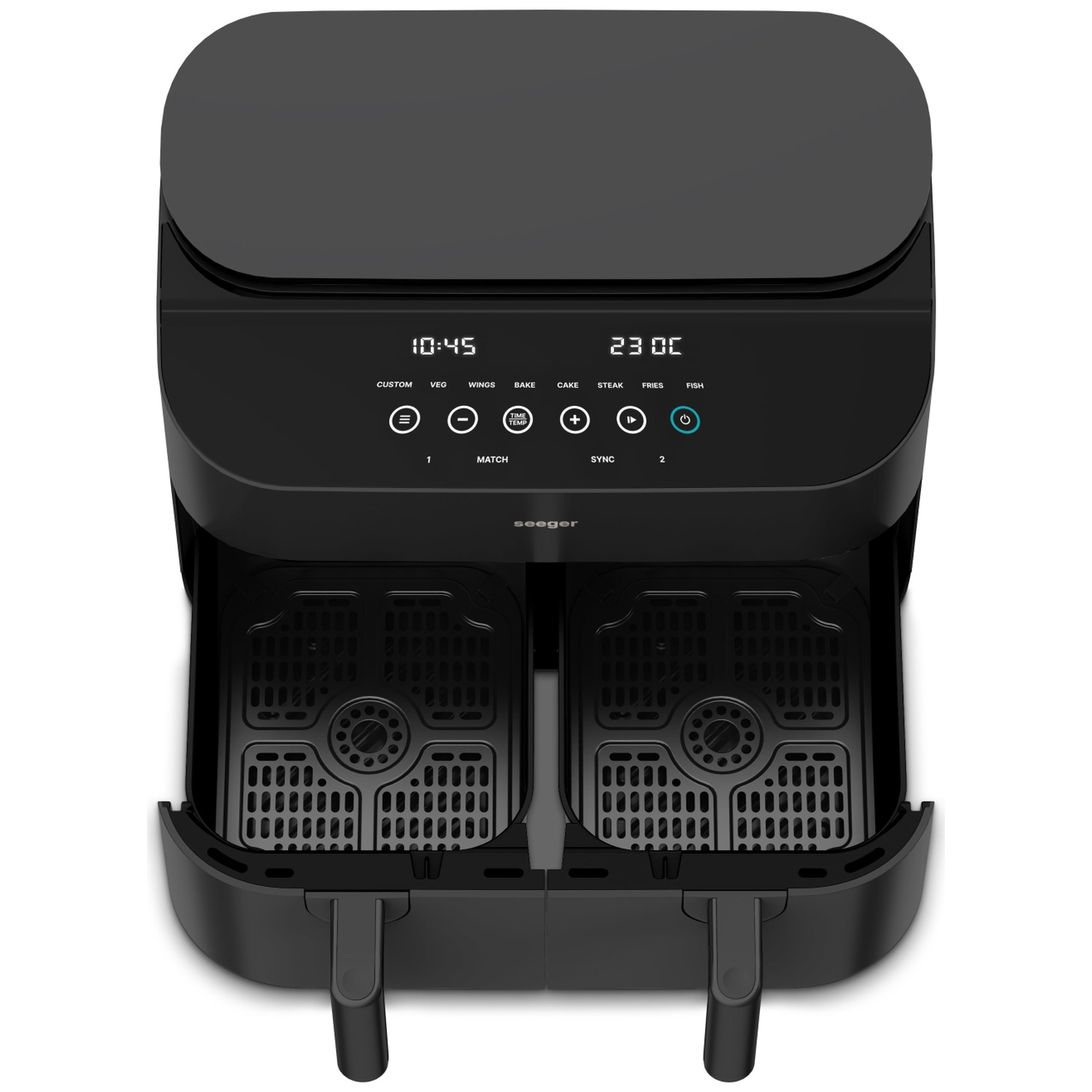 Black digital double air fryer with two baskets and control panel.