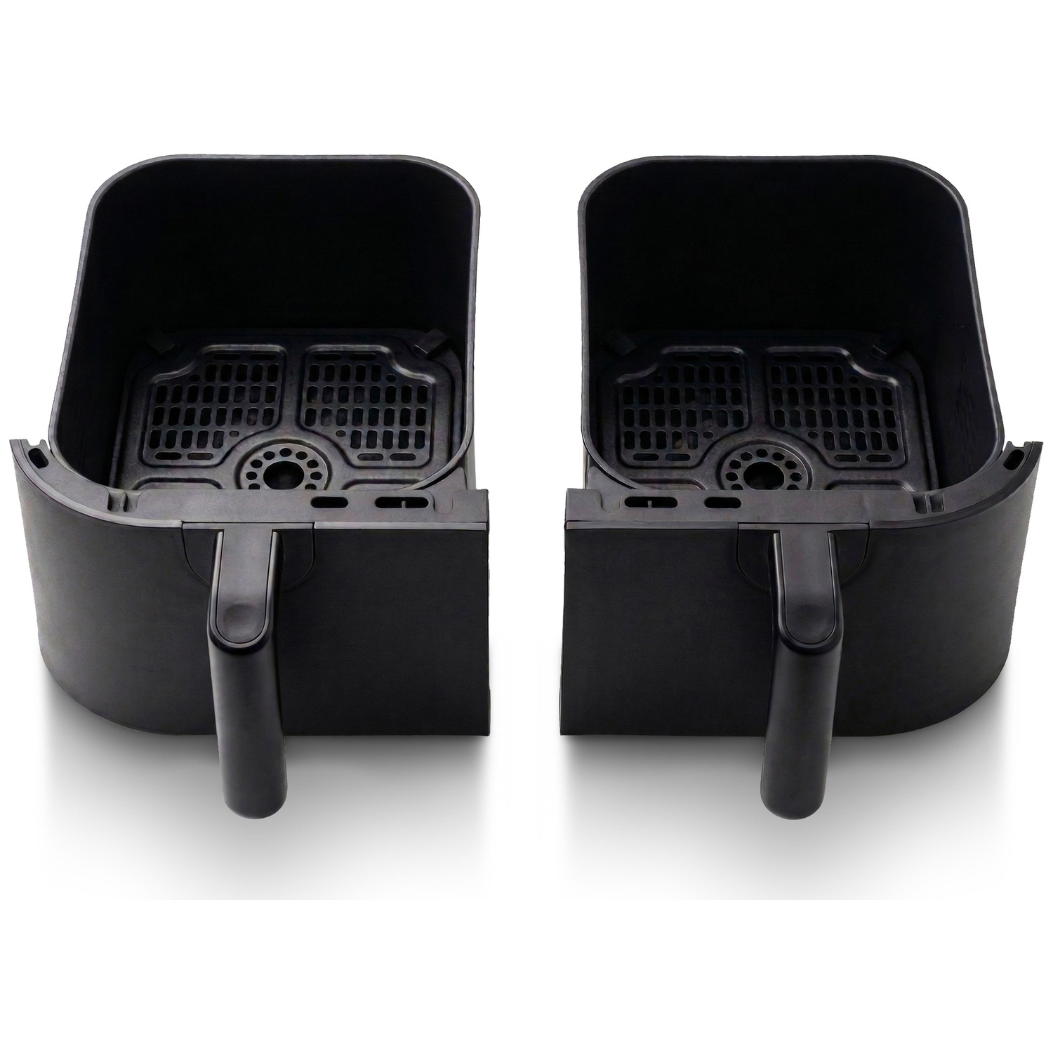 Two black air fryer baskets with handles and perforated inserts side by side.