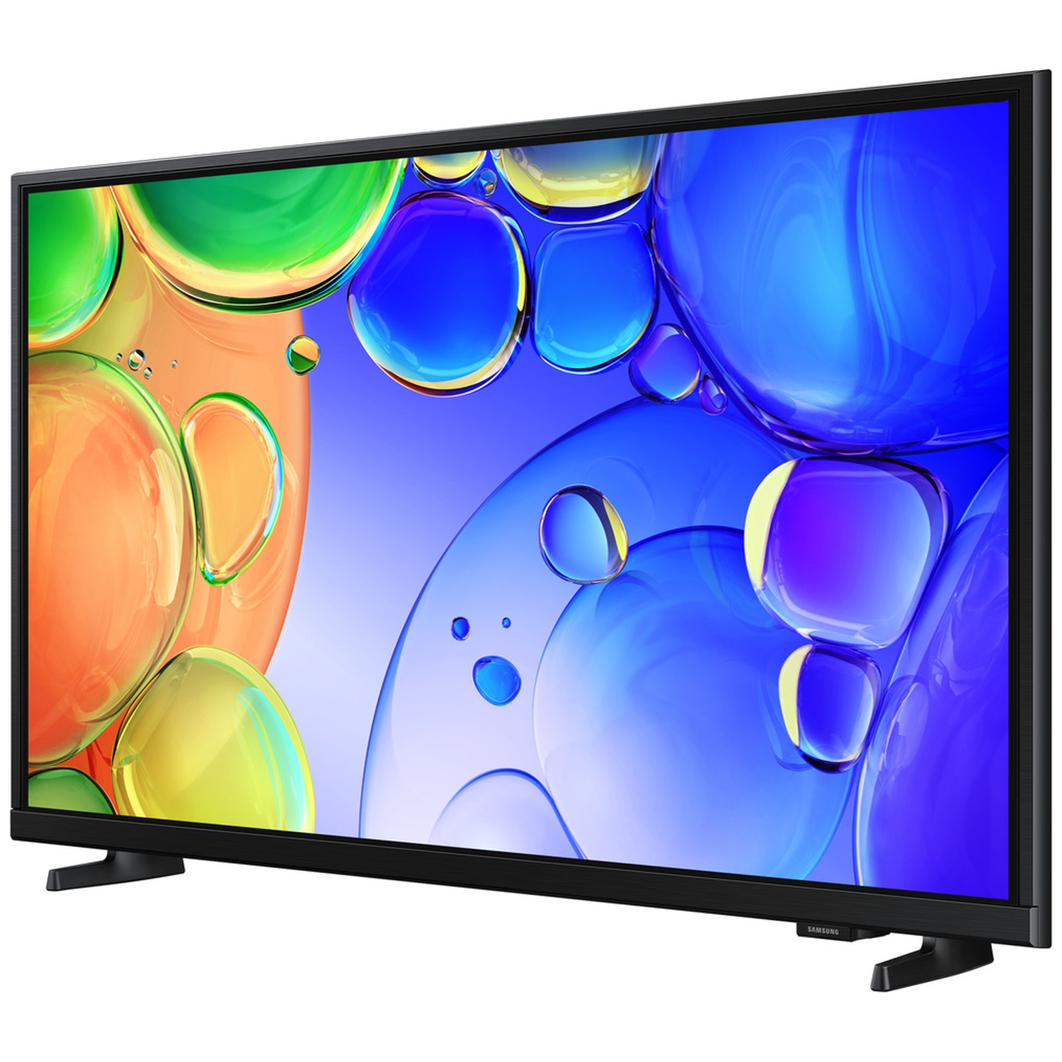 Une TV Samsung noire affichant un fond coloré de bulles.